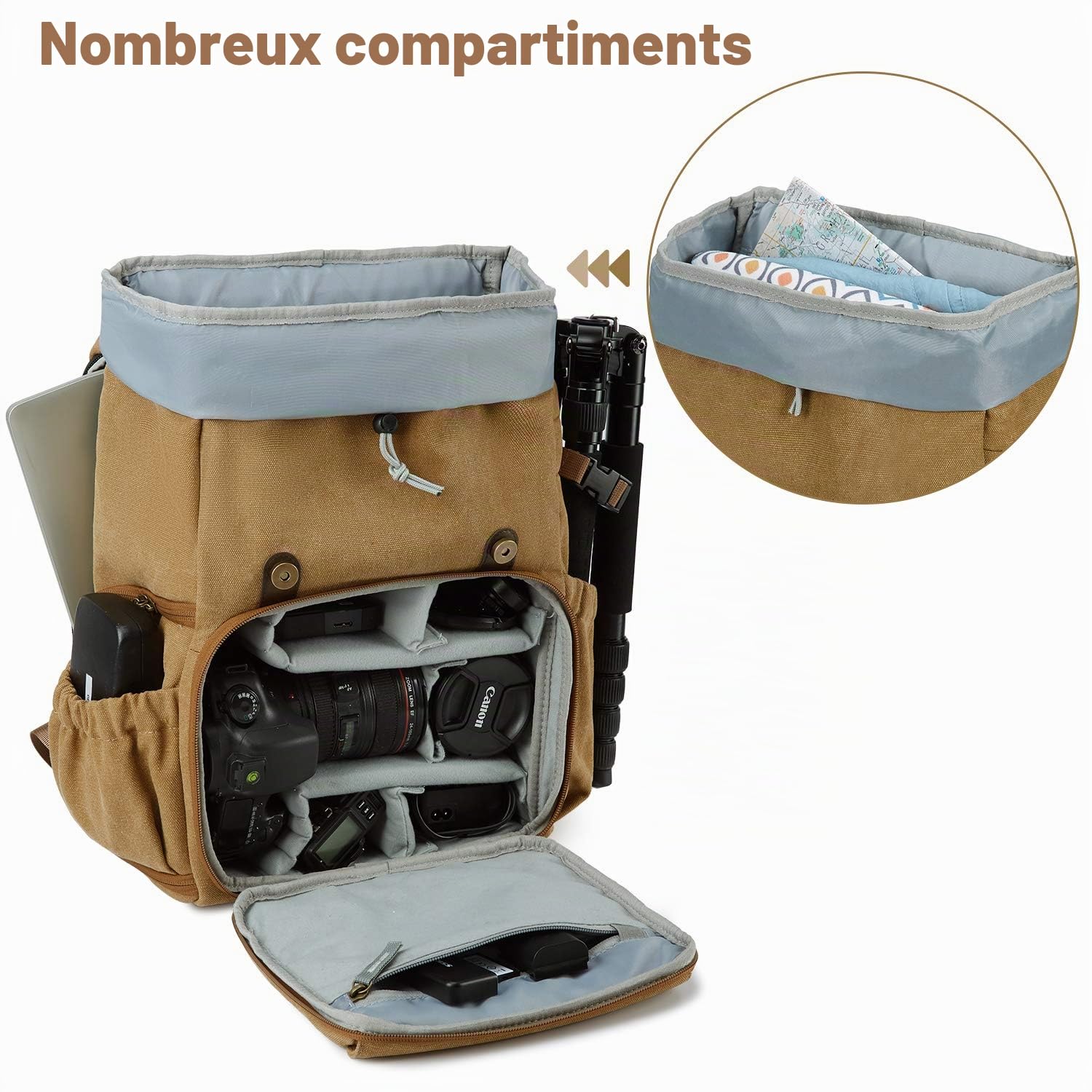 bagsmart Sac à dos pour appareil photo reflex numérique - En toile - Antivol - Imperméable - Avec protection contre la pluie - Pour ordinateur portable de 15", appareil photo reflex numérique,