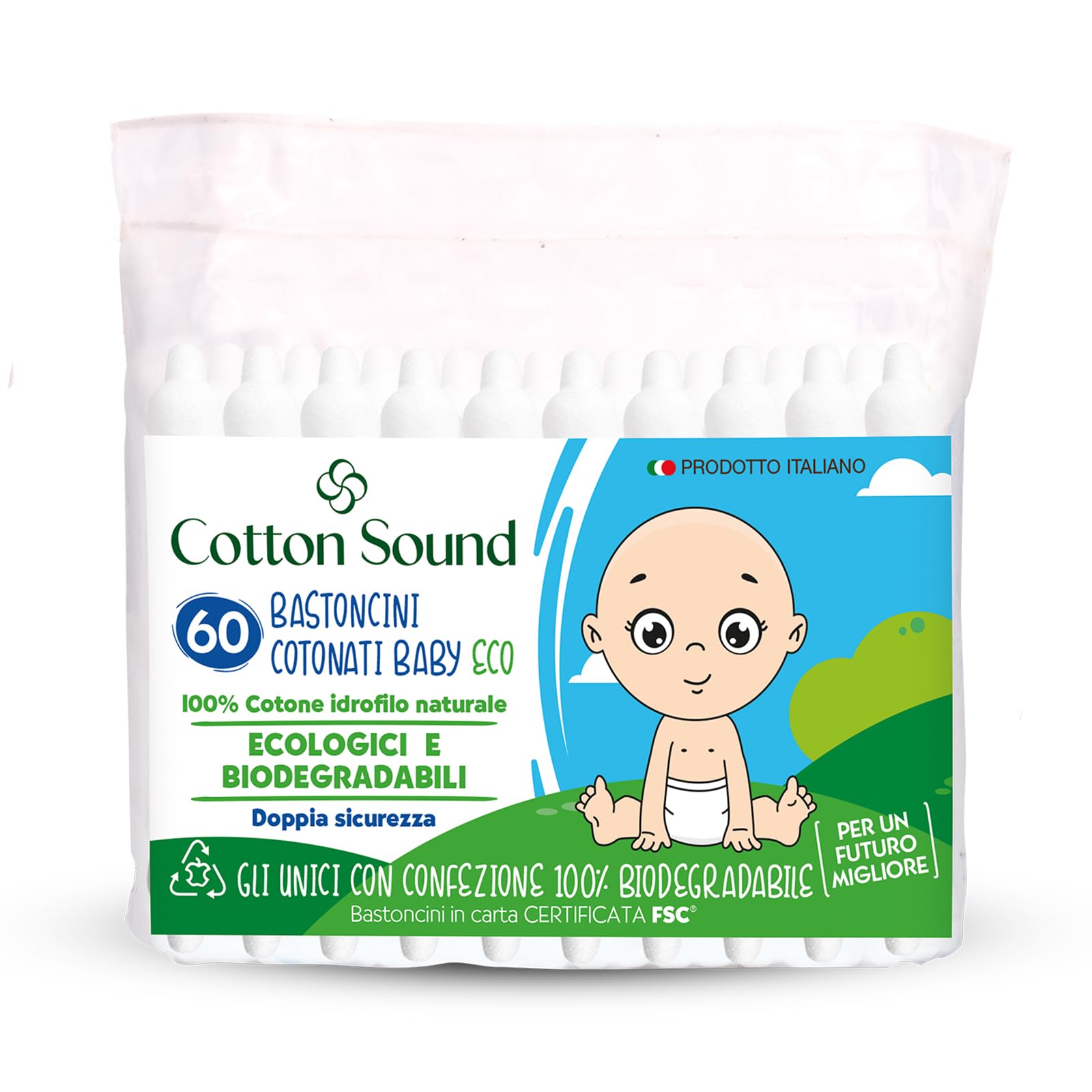 COTTON SOUND ECO Bastoncini Cotonati Baby Busta 24 confezioni x 60 Pezzi, Bastoncini Cotonati per Bambini, Bastoncini Ecologici e Biodegradabili 100% Cotone Idrofilo, Busta Compostabile, Made in Italy