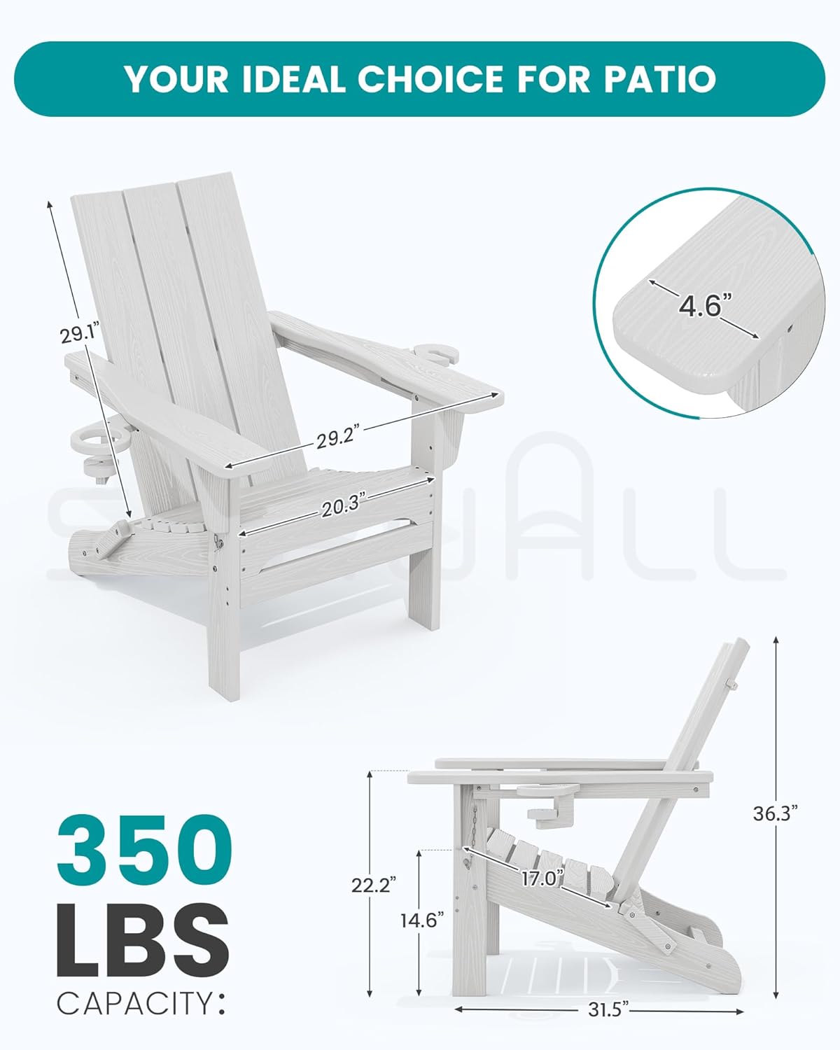 SERWALL Modern Folding Adirondack Chair with Cup Holders, All Weather Resistant Outdoor Adirondack Chair, HDPE Fire Pit Chair for Patio Lawn Graden, White - Image 3