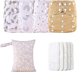 Baby Diapers, Cloth Diaper Set, ajustable y lavable con 4 insertos absorbentes y 1 bolsa húmeda, transpirable, poliéster TPU, 3 – 15 kg para niños y niñas, 530 g/set