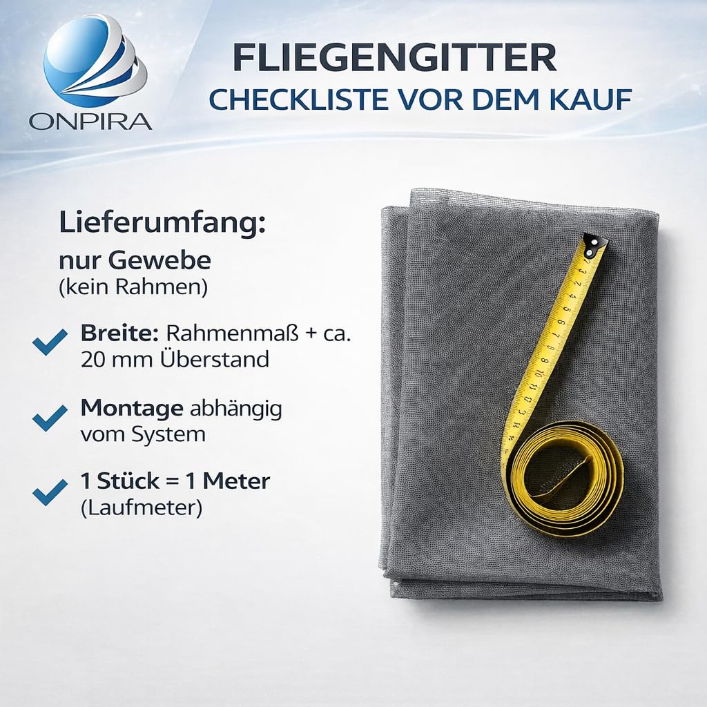 ONPIRA® Fliegennetz Meterware Edelstahl oder Aluminium Rostfrei & Katzensicher – Insektenschutz für Fenster & Türen in Silber oder Schwarz, Zuschneidbar & wetterfest (Edelstahl, 100cm x 2m)