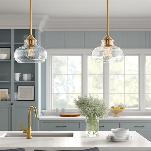 Miniatura 3 de Kira Home Harlow - Lámpara colgante industrial moderna de 9 pulgadas con pantalla de cristal transparente, altura ajustable para colgar, acabado de