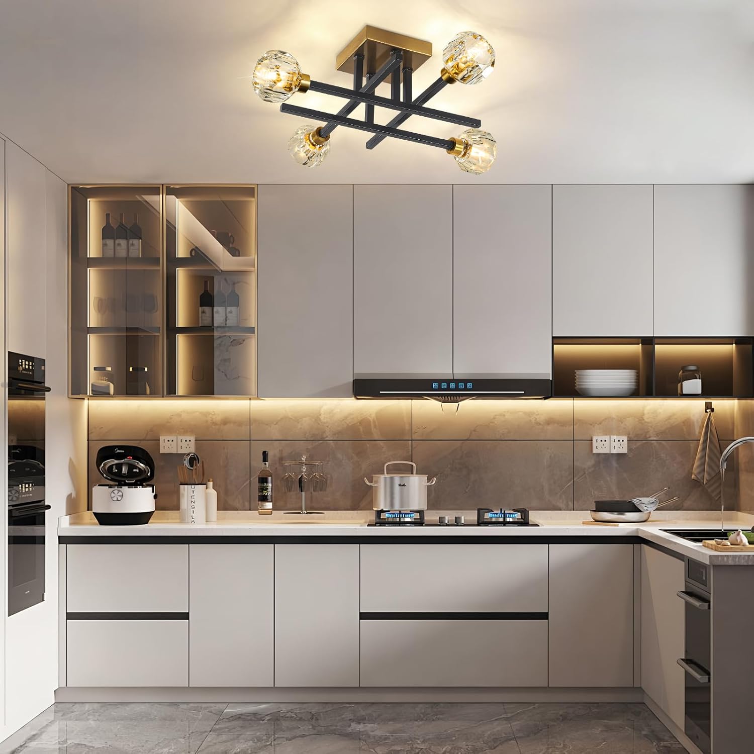 Modern Kitchen Lighting Fixtures Ceiling, 4 Light Semi Flush Mount Ceiling Light Fixture Industrial Black and Gold Chandelier for Bedroom Dining Room Living Room Kitchen Entryway Hallway