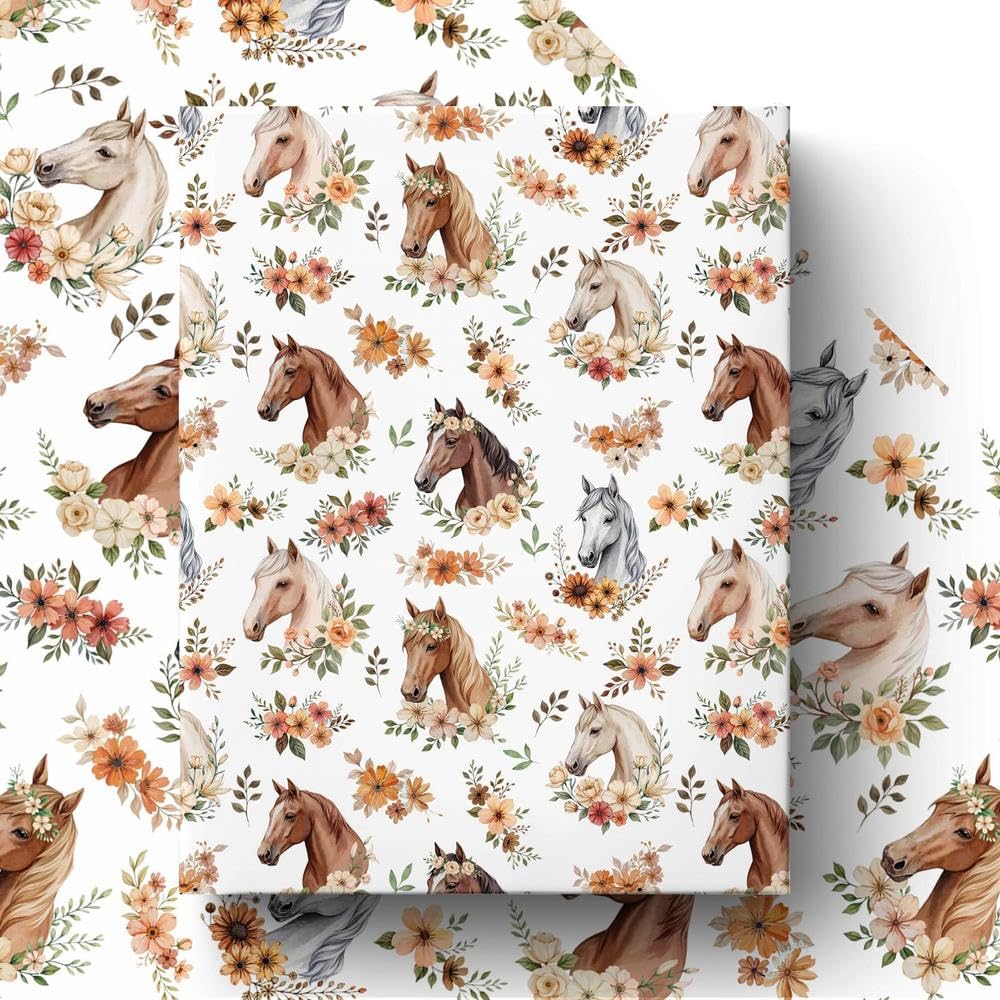 GleeWrap 4 Sheets Horse Floral Wrapping Paper, Flower Horse Western Cowgirl Themed Gift Wrap Sheets for Birthday, Baby Shower, Wedding,Party,DIY Craft, 50 x 70 cm