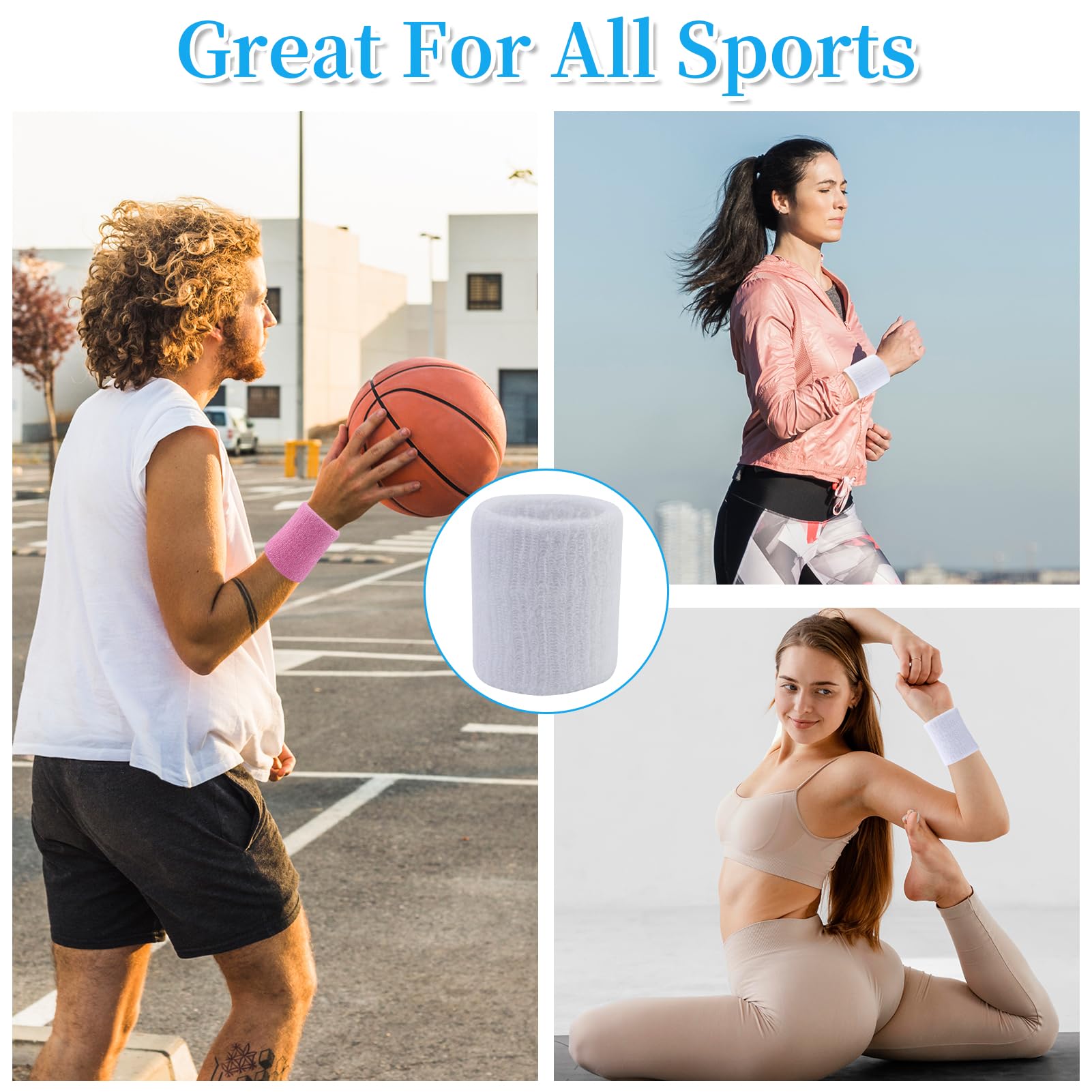 Absorberende zweetbanden voor dames, heren en kinderen, set van 4, fitness-arm, zweetband voor tennis, handbal en hardlopen, zwart