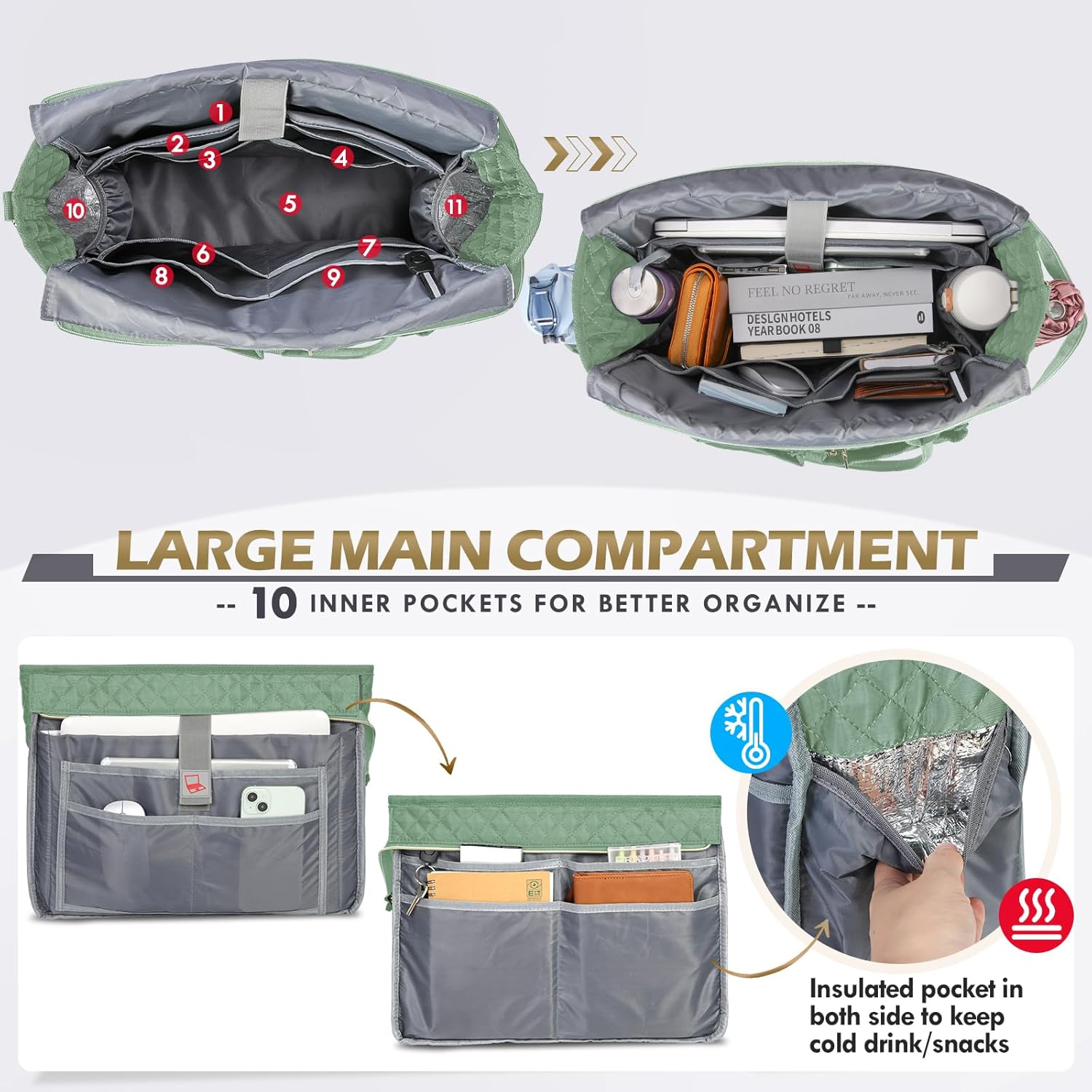 RAINSMORE Teacher Tote Bag 15.6 inch Laptop Bag for Women Work Bags Laptop Tote Nurse Bag Professional Computer Messenger with Insulated Pocket, Laptop Briefcase for Office, College, Mint Green - Image 3