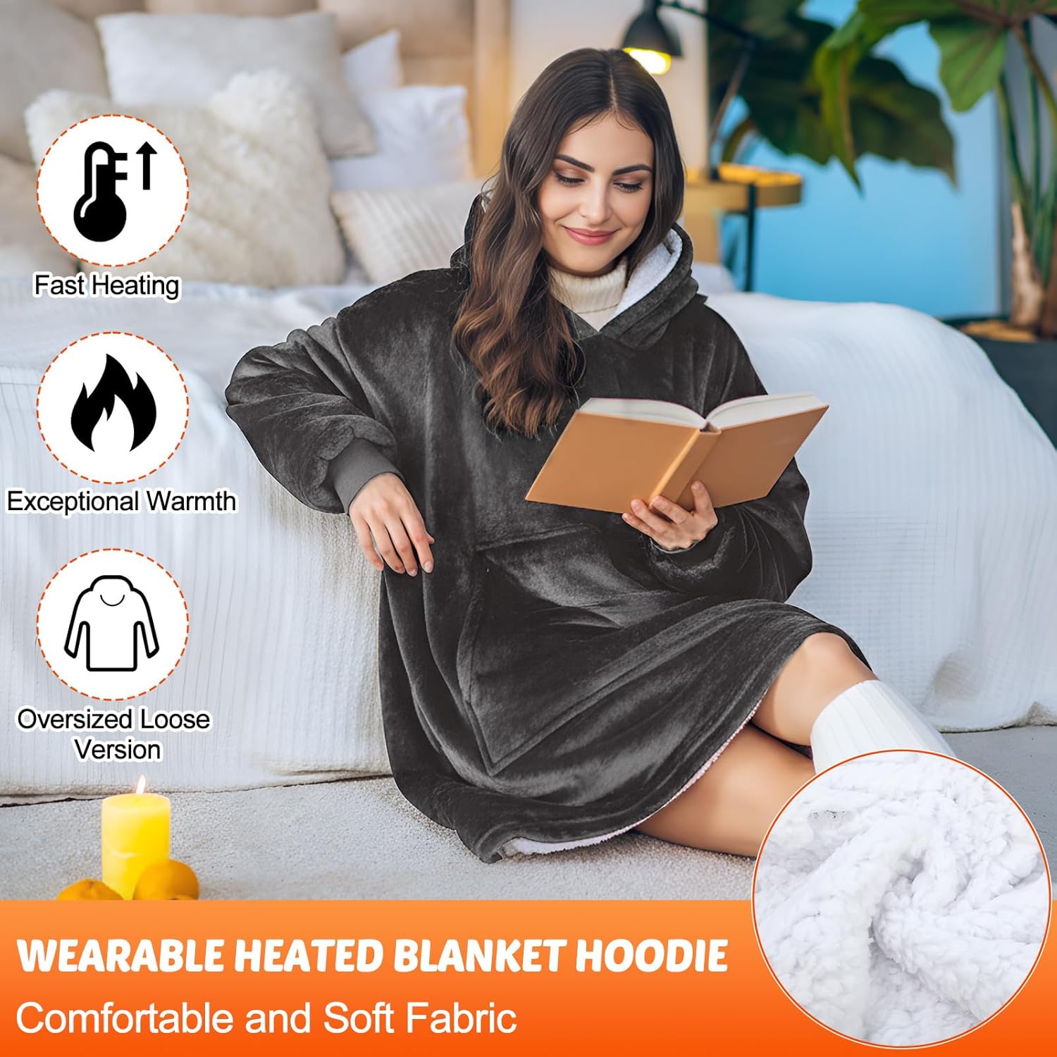 Heated Blanket Wearable Hoodie USB Oversized Heated Sweatshirt for Women with Giant Pocket 3 Heating Levels(Light Grey,No Pattern) - Image 6
