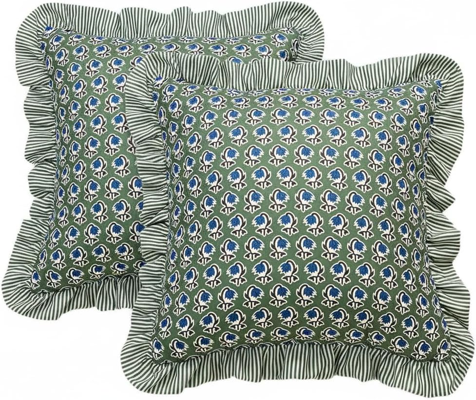 Throw Pillow Covers, Green with Blue Floral Pattern Set of 2,Striped Ruffle Border, Modern Farmhouse for Couch, Sofa, Bed, Living Room, Home Decor Gift for Spring (Basil Green, 18 x 18)