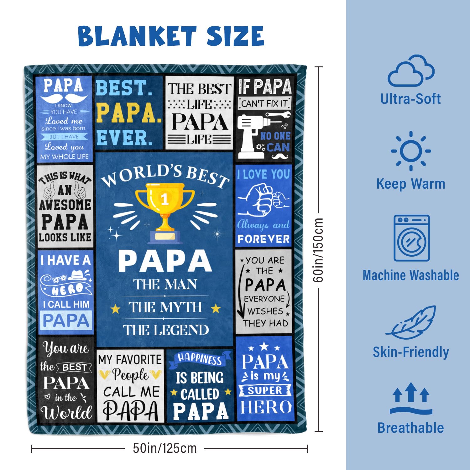 Papa Fathers Day Blanket Gifts - Papas Birthday Gift - Unique Christmas Valentines Day Birthday Gifts for Papa from Grandkids Grandchildren Granddaughter - Best Papas Ever Gift Blanket 50"X60"