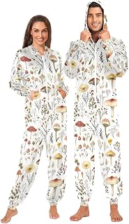 Wild Weeds Mushrooms Zipper Hooded Adult Jumpsuit Pajamas with Pockets XS-3XL