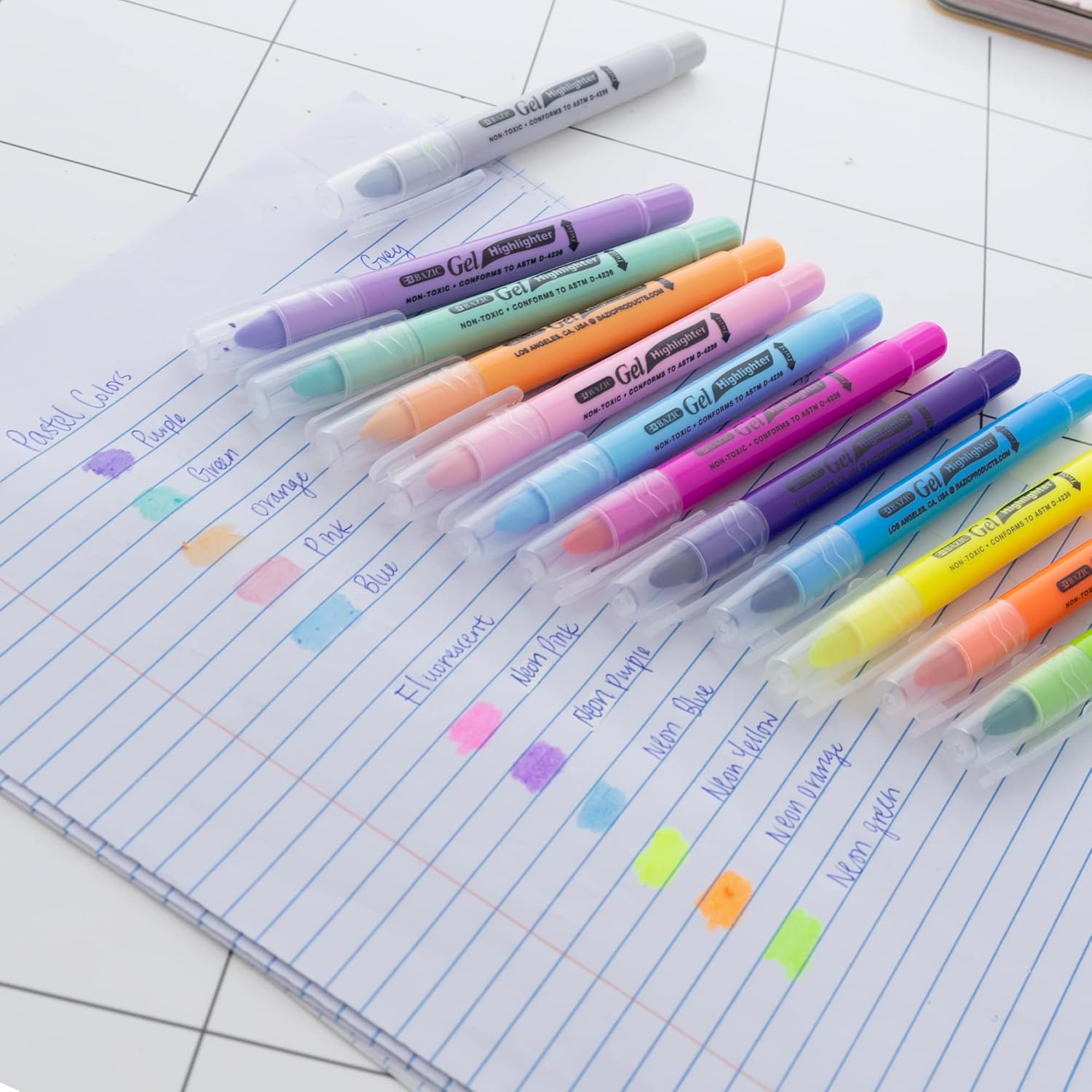 BAZIC PRODUCTS Highlighter Gel Pen – Assorted Color, Chisel Tip Broad Line, Desk Style Highlighter Pen for Office, and School, Smooth Marking, (12/Pack), 12-Packs
