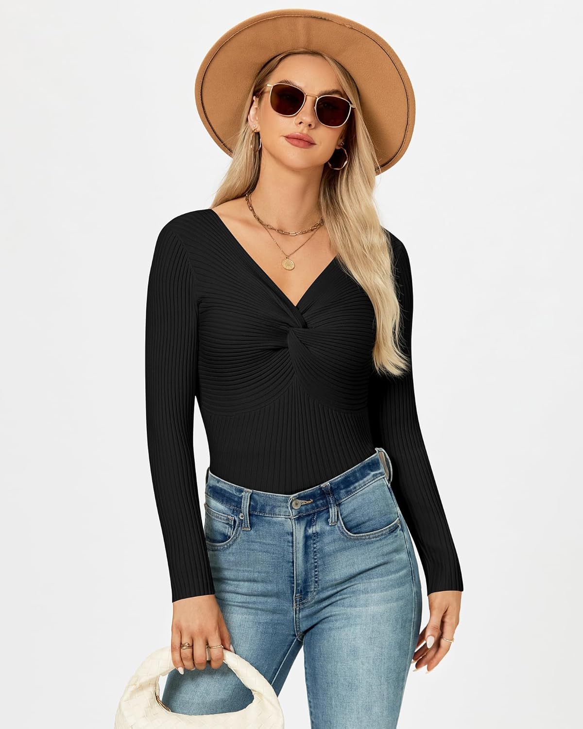 Womens Long Sleeve Ribbed Sweater Twist Knot V Neck Lightweight Casual Knit Slim Fitted Fall Pullover Tops - Image 5