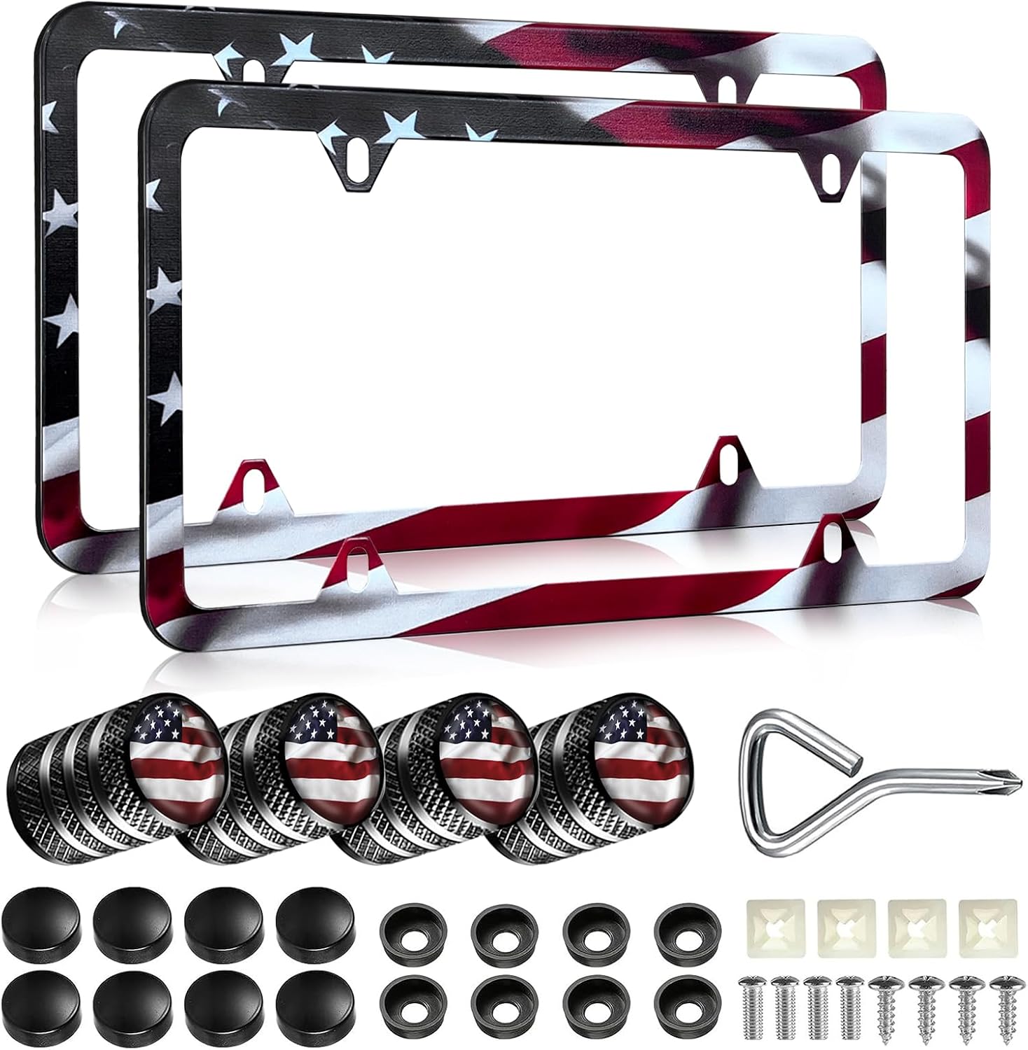 American Flag License Plate Frames - 2 Pack Front Rear Patriotic Matte Gloss Stars Stripe US Flag Stainless Steel Car Tag Frame Holder Covers with 4 Fluttering Flag Valve Stem Caps, Screws Fasteners