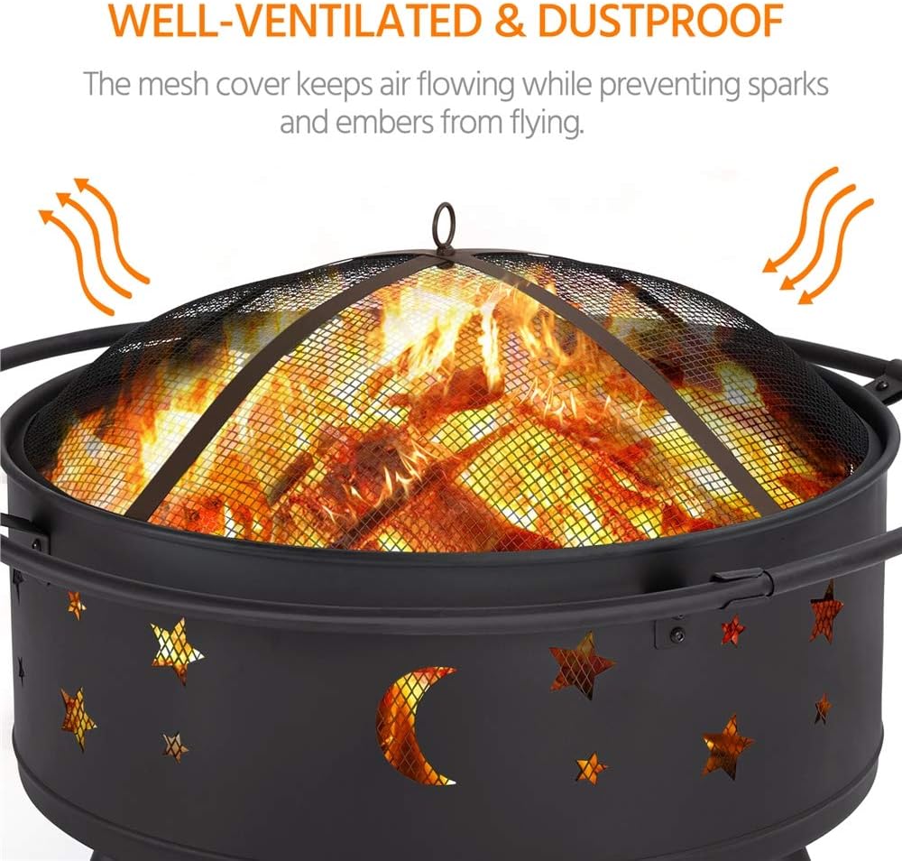 Yaheetech 30" Outdoor Fire Pit, Metal Firepit Bonfire Wood Burning Heater Stove Backyard Patio Garden Firepit for Outside with Spark Screen and Fireplace Poker, Stars and Moons Design Pattern : Patio, Lawn & Garden