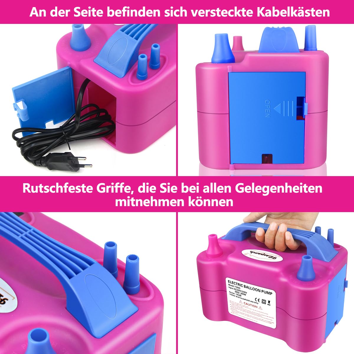 FLSEPAMB Pompa per Palloncini Elettrica Silenziosa, 600 W Gonfia Palloncini Elettrico, Intelligente a 2 Modalità, Ugello 2+2 Pompa per Palloncini, Pompa per Palloncini per Feste, Matrimoni, Natale