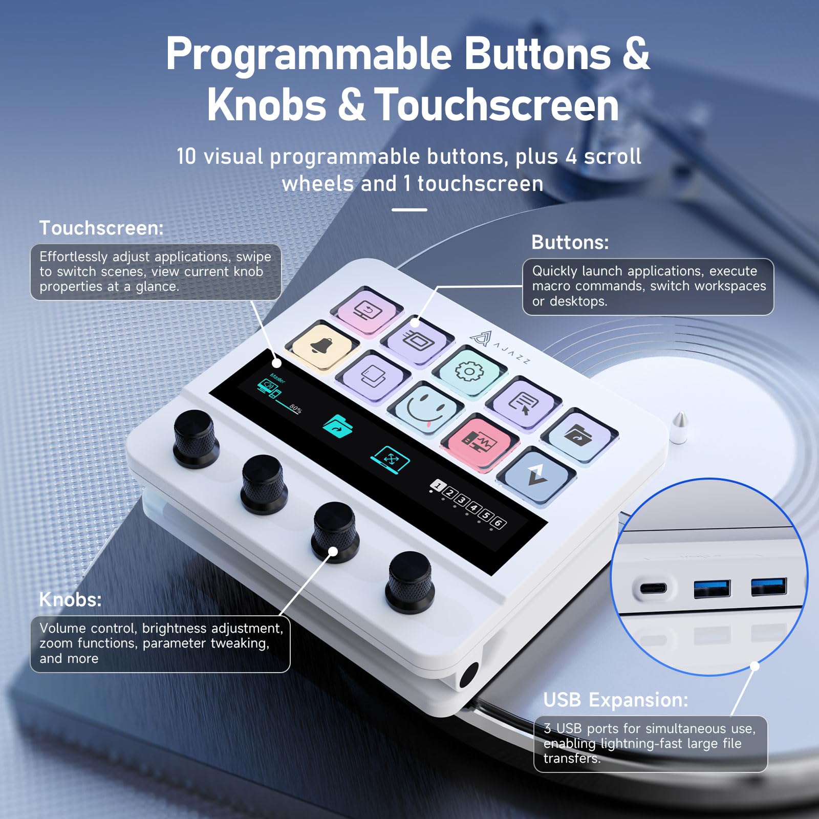 AJAZZ AKP05E - Teclado macro con cable, teclado de acceso directo para juegos con 10 teclas programables y 4 perillas, pantalla táctil personalizable, para YouTube, configuración de oficina de
