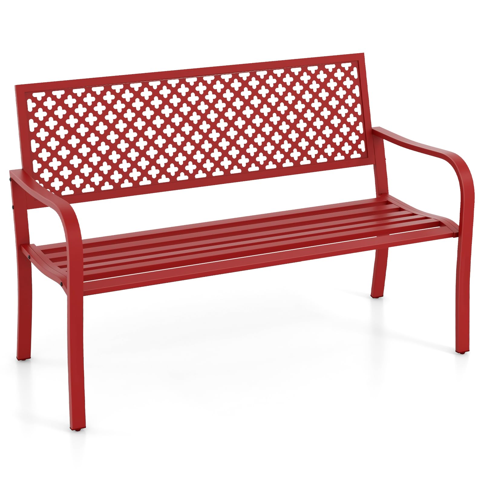 KOMFOTTEU Banc de jardin 2 places, banc d'extérieur avec accoudoirs, charge 300 kg, banc de jardin vintage en métal, pour cour, parc, terrasse, 127 x 62 x 86 cm (rouge)