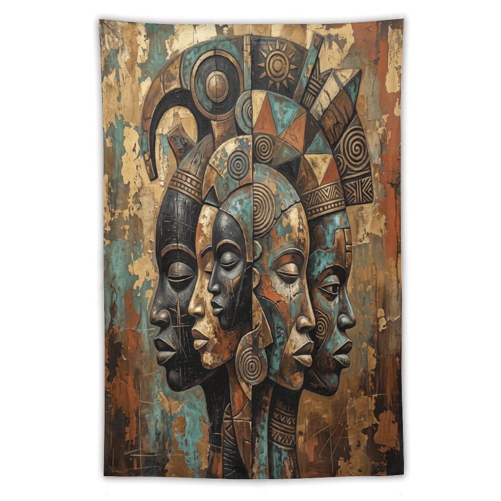 H3B8U2Y5 African Mask Portraits Wall Tapestry, Earth Tone Pattern