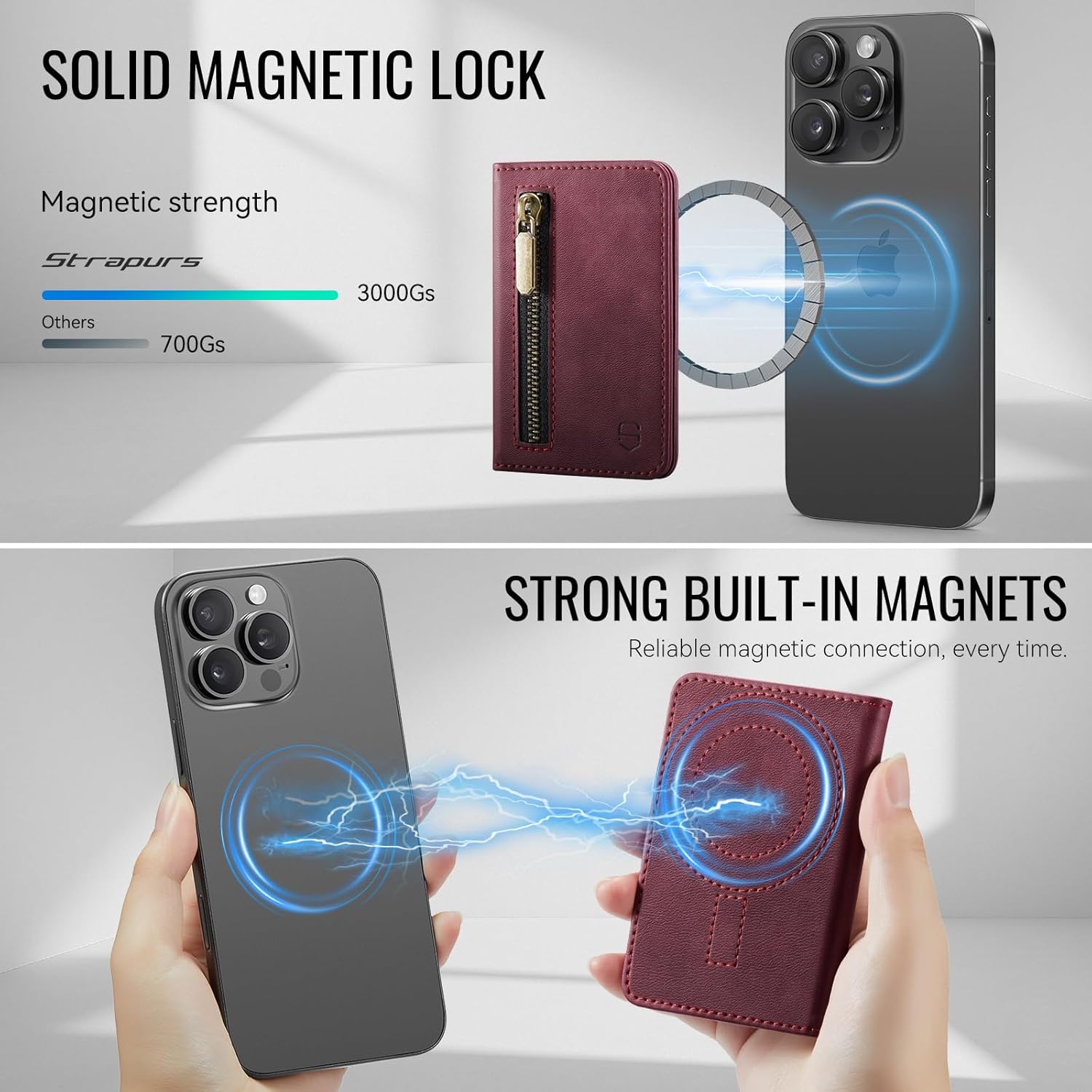 Strapurs Magnetic Card Holder Compatible with MagSafe Phones and Cases, PU Leather Phone Wallet for iPhone 17/16/15/14/13/12/Pro/Max/Plus/Air, 4 Card Slots RFID Blocking with Zipper Pocket - Burgundy
