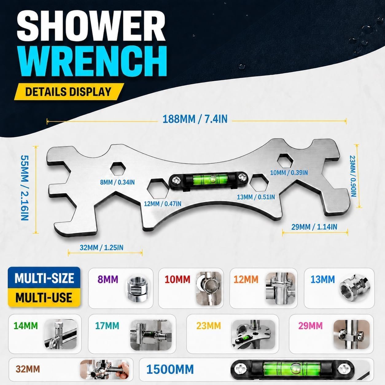 7-Piece Plumbing Tool Kit: 14-in-1 Multi-Function Wrench + 2-Axis 7-Profile Wrench + Bubble Level Shower Wrench + Long Reach Box Wrench + Blade Wrench – Heavy Duty for Sink, Faucet, Toilet & Tight Spa