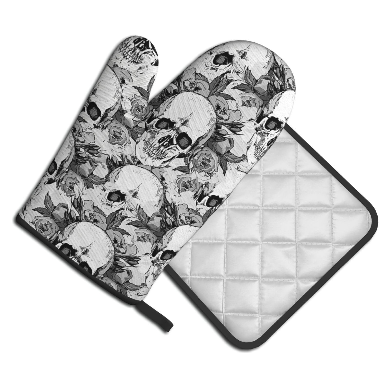 Oven Mitts and Pot Holders Set of 2 Pcs, Skull Skeleton Printed Heat Resistant Kitchen Gloves Potholders for Cooking Baking Grilling