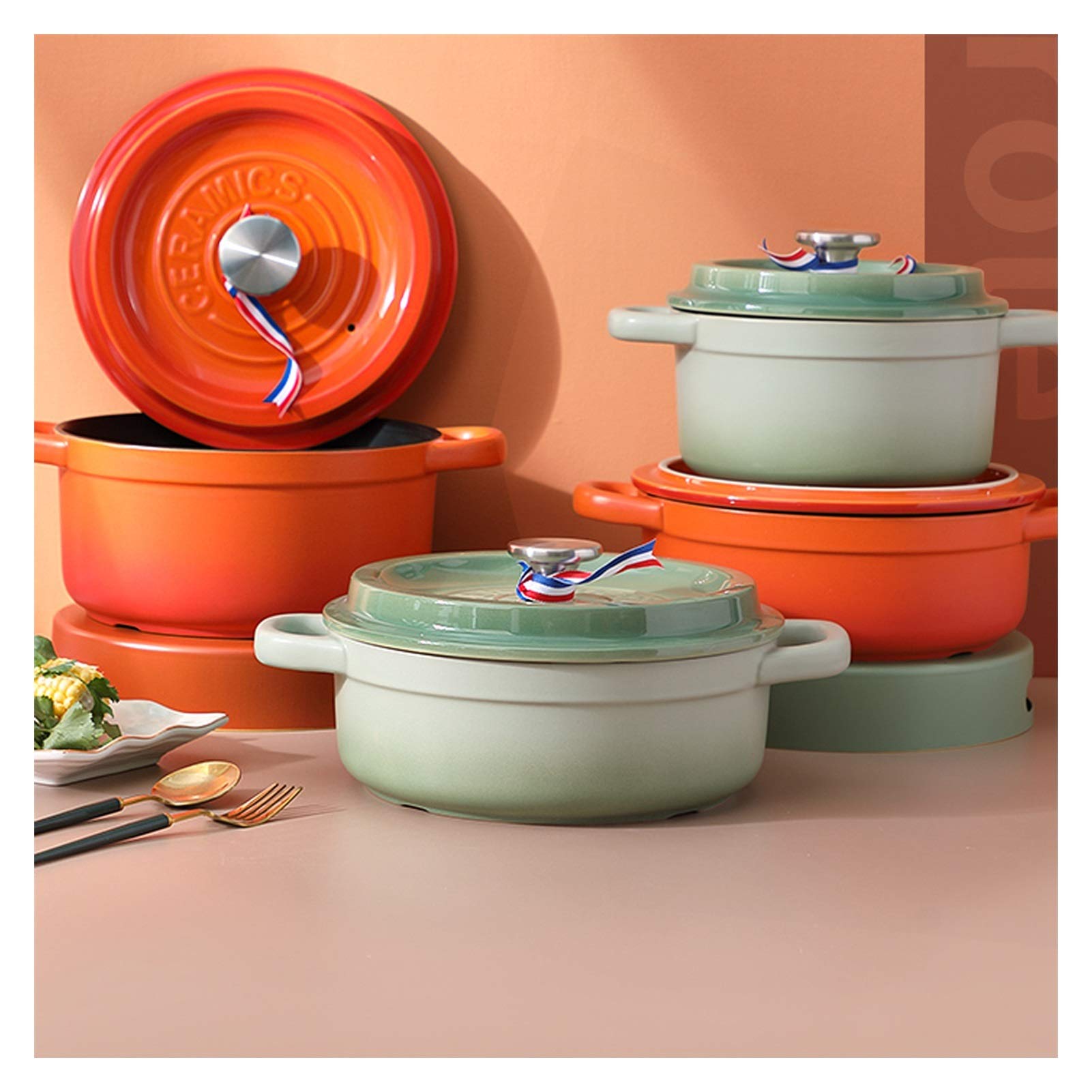 Garnek z pokrywką, gradientowy kolor, garnek ceramiczny premium z pokrywką, kuchenka gazowa, specjalny zapiekanka do pieca, emaliowanego garnka, 3 l (kolor: pomarańczowy)