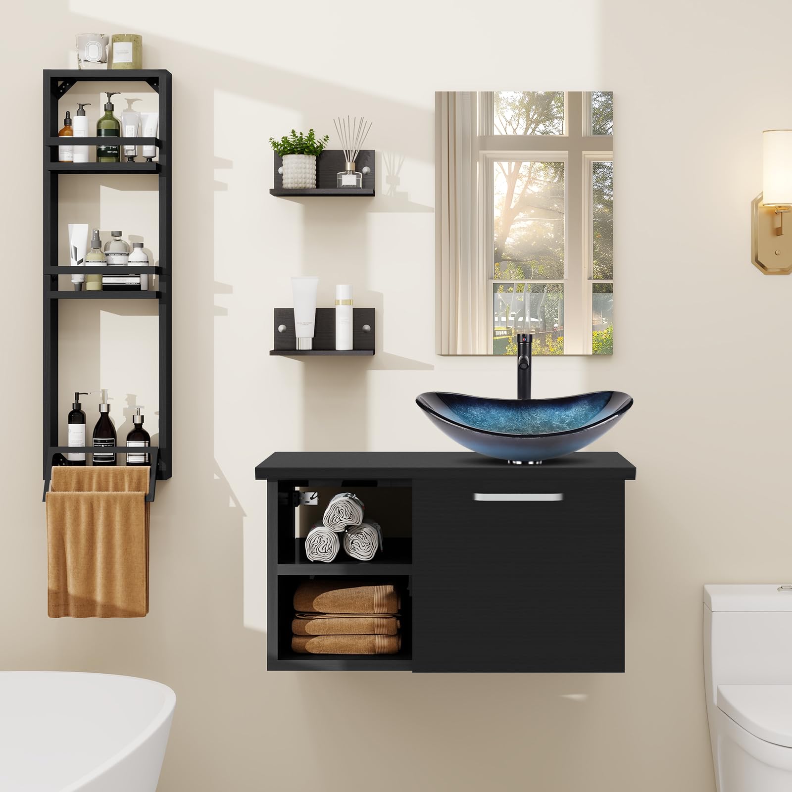 YU YUSING Ensemble de Meubles de Salle de Bain avec Lavabo Miroir et Porte-Serviette, 3 Étagères Murale, Armoire Meuble de Rangement, Vasque à Poser, Ensemble de Robinets (Ovale Bleu)
