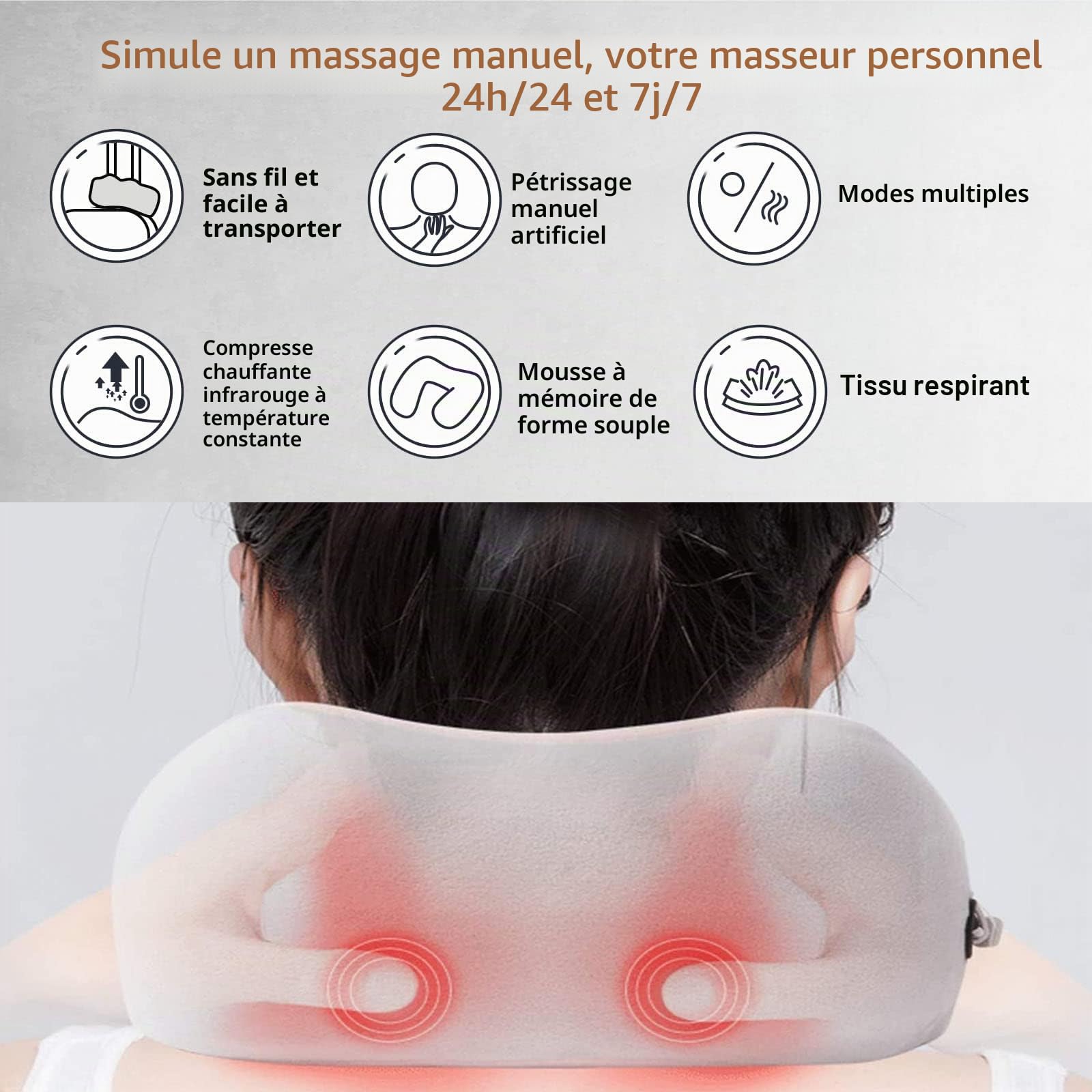 Masseur Cervical et Cou, ADURI Masseur Cervical avec Fonction Chauffage, 3 Niveaux de Force & 3 Modes, Coussin de Massage Électrique pour les Cervicales Douloureuses, Rechargeable par USB