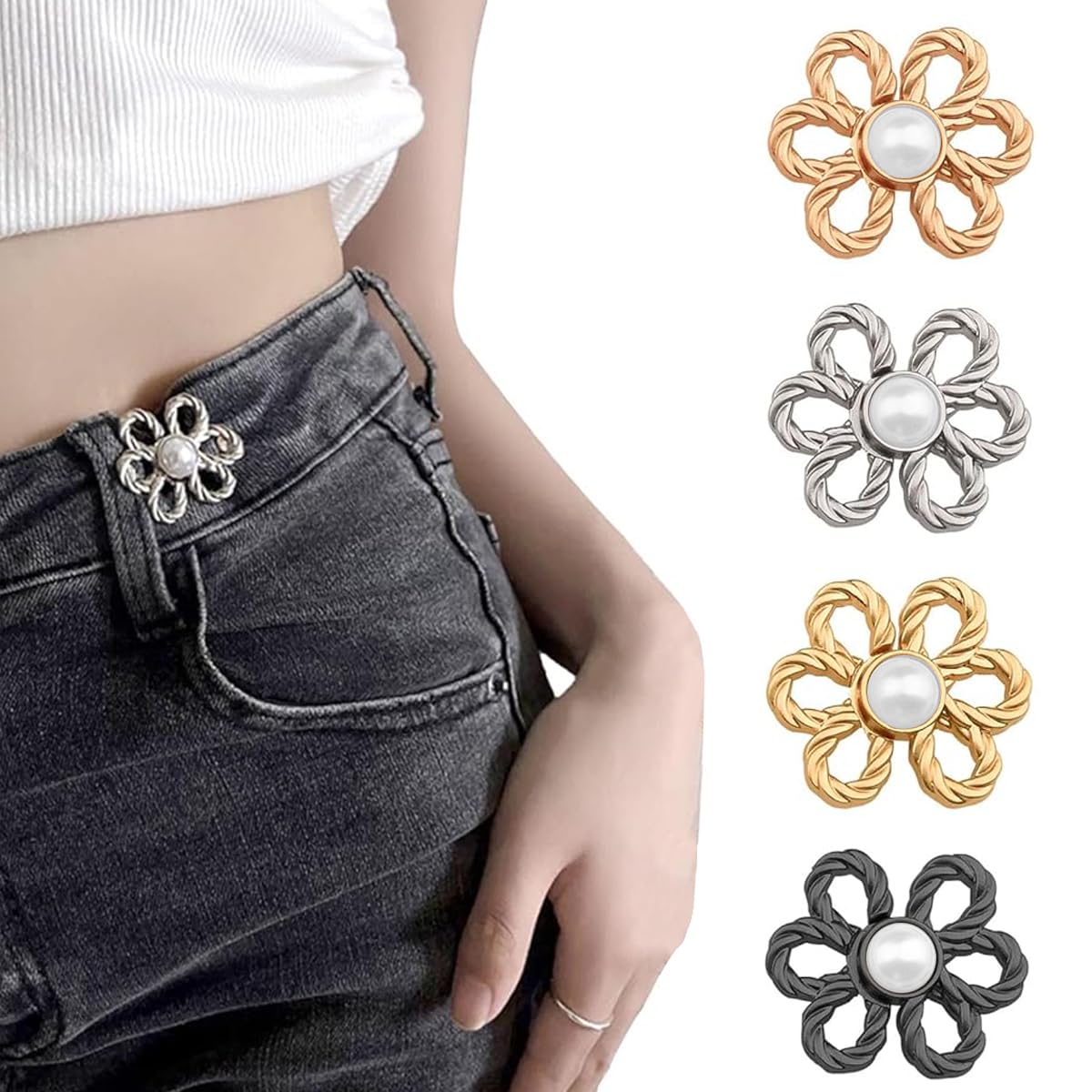 SANNIDHI® Jeans Tightening Clips, 4 Pairs Jeans Adjustable Pins, Flower Waist Knots Jeans Button Pins, Instant Pant Waist Tightener, Detachable Decorative Waist Buckle for Loose Pants, Skirts