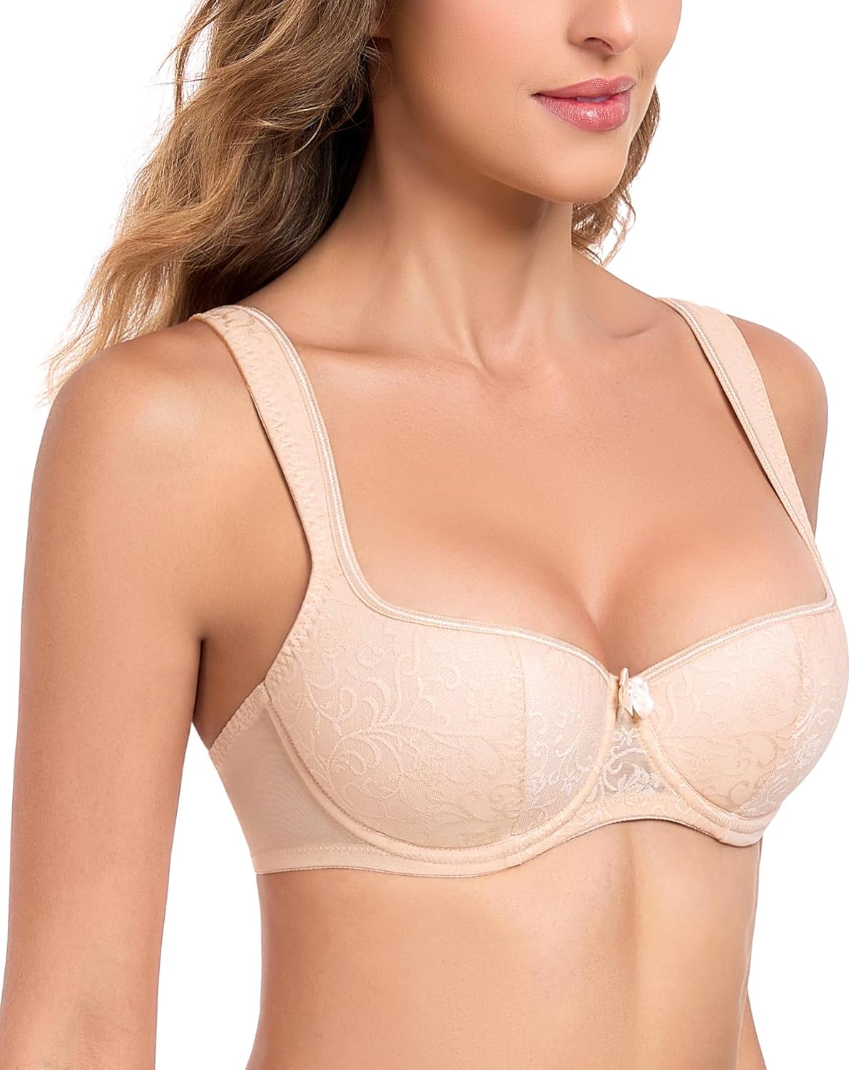 Lemorosy Women's Push Up Lightly Padded Lace Demi Half Cup Underwire Balconette Mesh Bra - Image 5