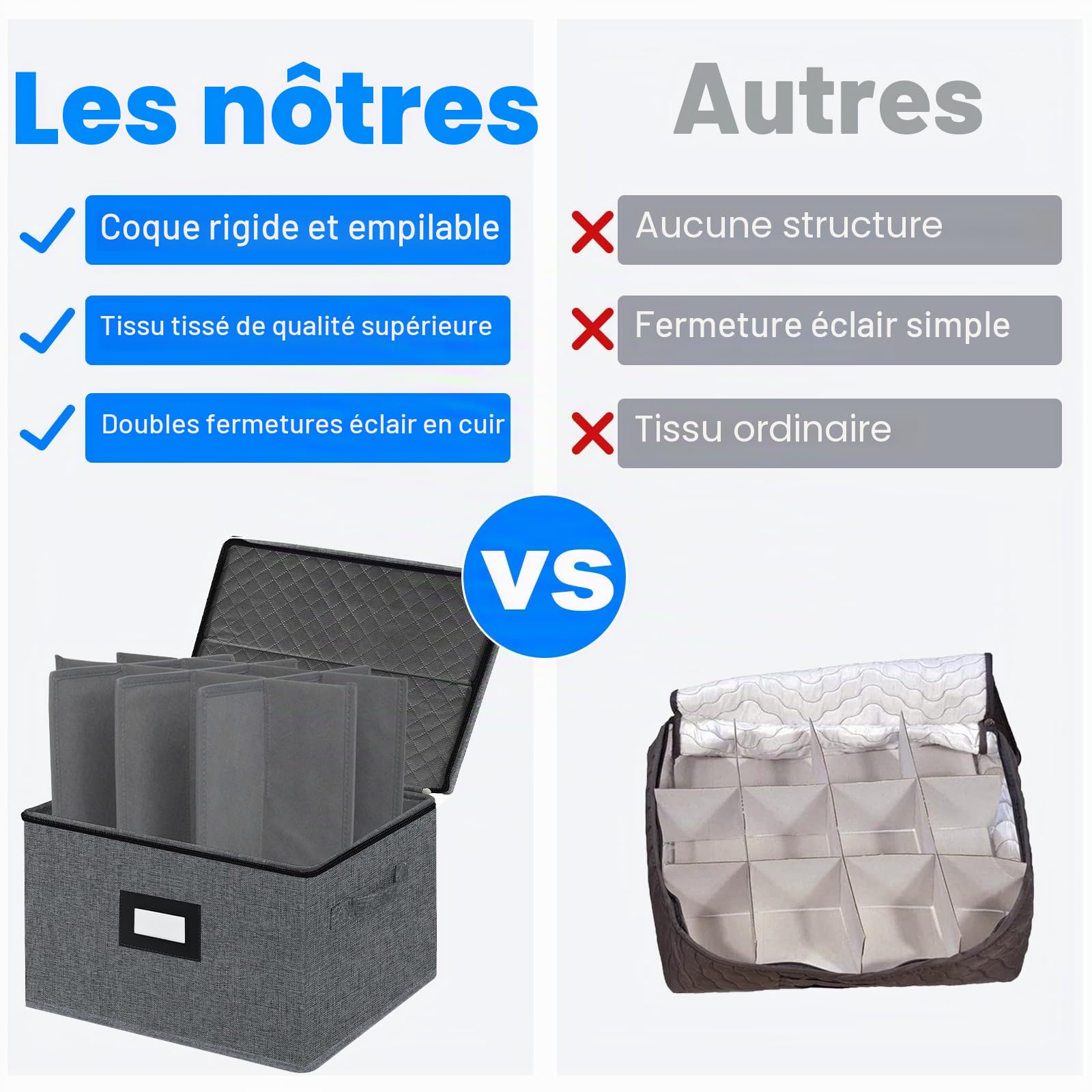 Boîtes de rangement en tissu pour verres à pied avec séparateurs, pour flûtes à champagne, verres en cristal fragiles, cuisine, placard, fête, camping, caravane (gris)