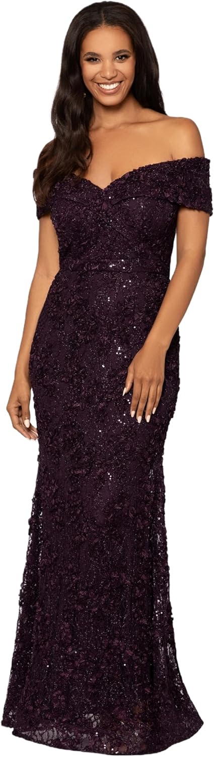 Xscape womens Off the Shoulder Sweetheart Neckline Long Lace Dress (Standard & Petite) Special Occasion Dress