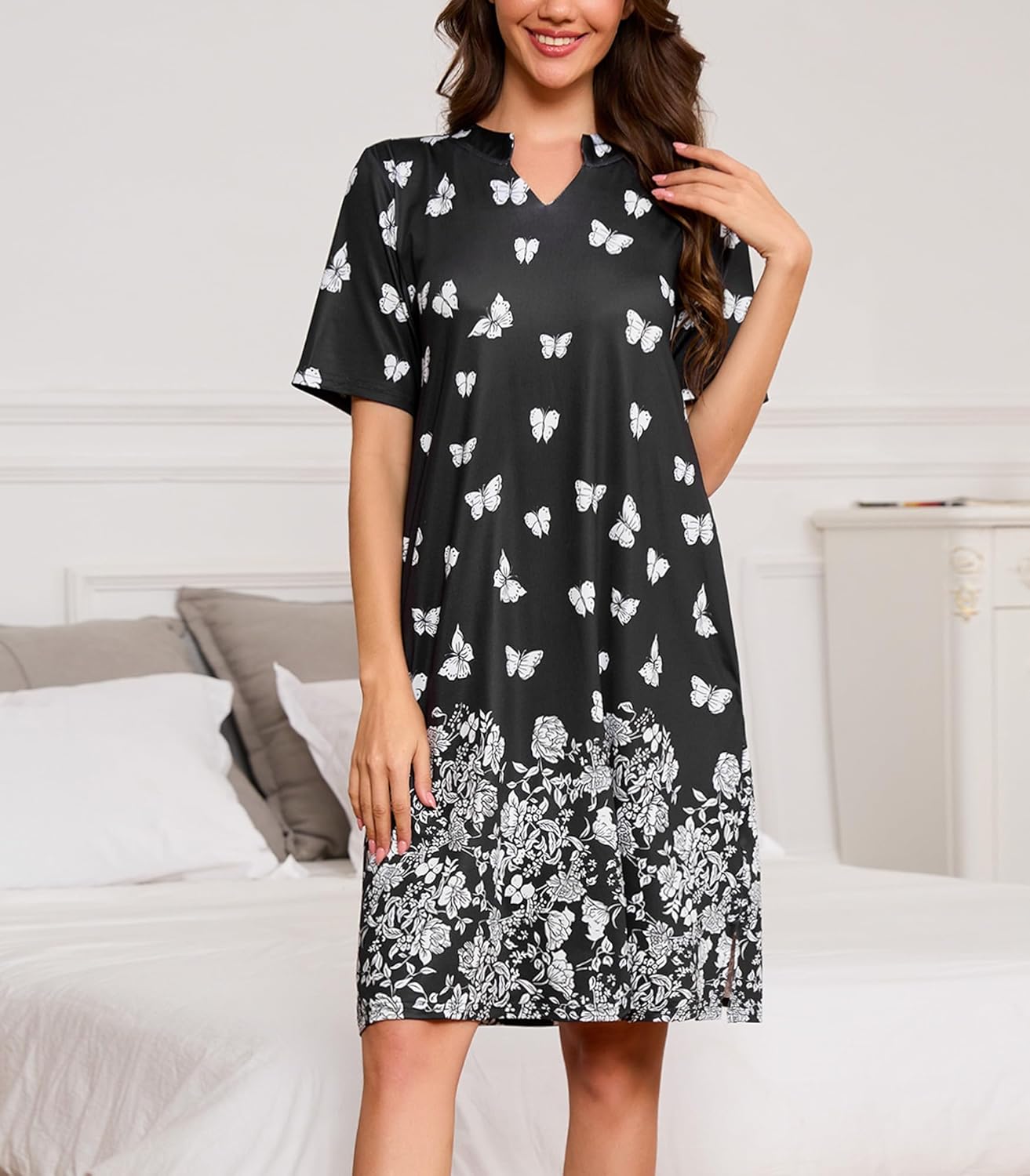 Womens Nightgown Short Sleeve House Dress with Pockets Floral Print Mumu Dress Casual Loose S-3XL - Image 2