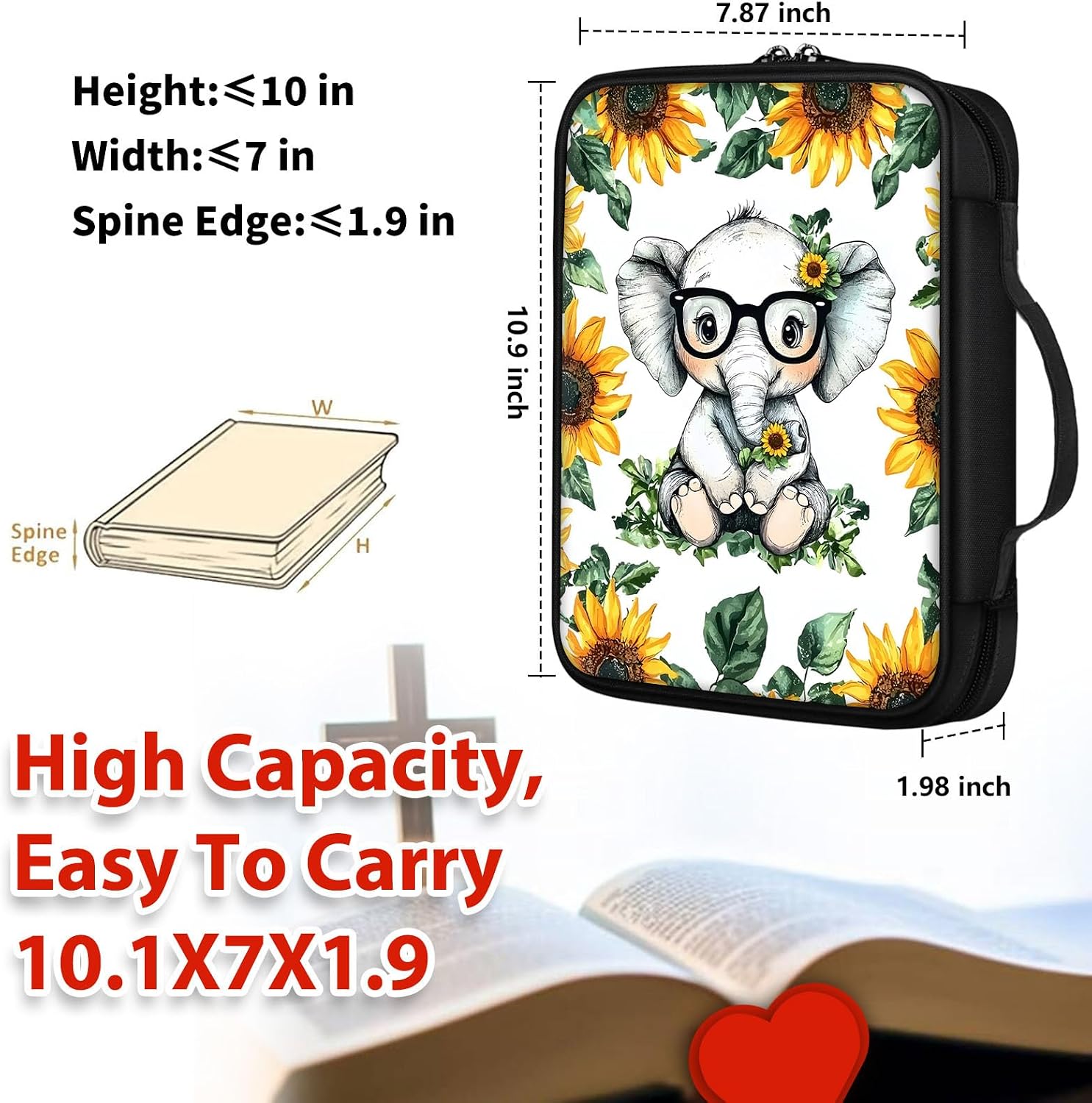 Bible Cover for Women Men, Cute Baby Elephant with Glasses Theme, Bible Case, Bible Bag, Large Space, Multiple Zippered Pockets, Waterproof Canvas, Bible Holder Case - Perfect for Christian Gifts