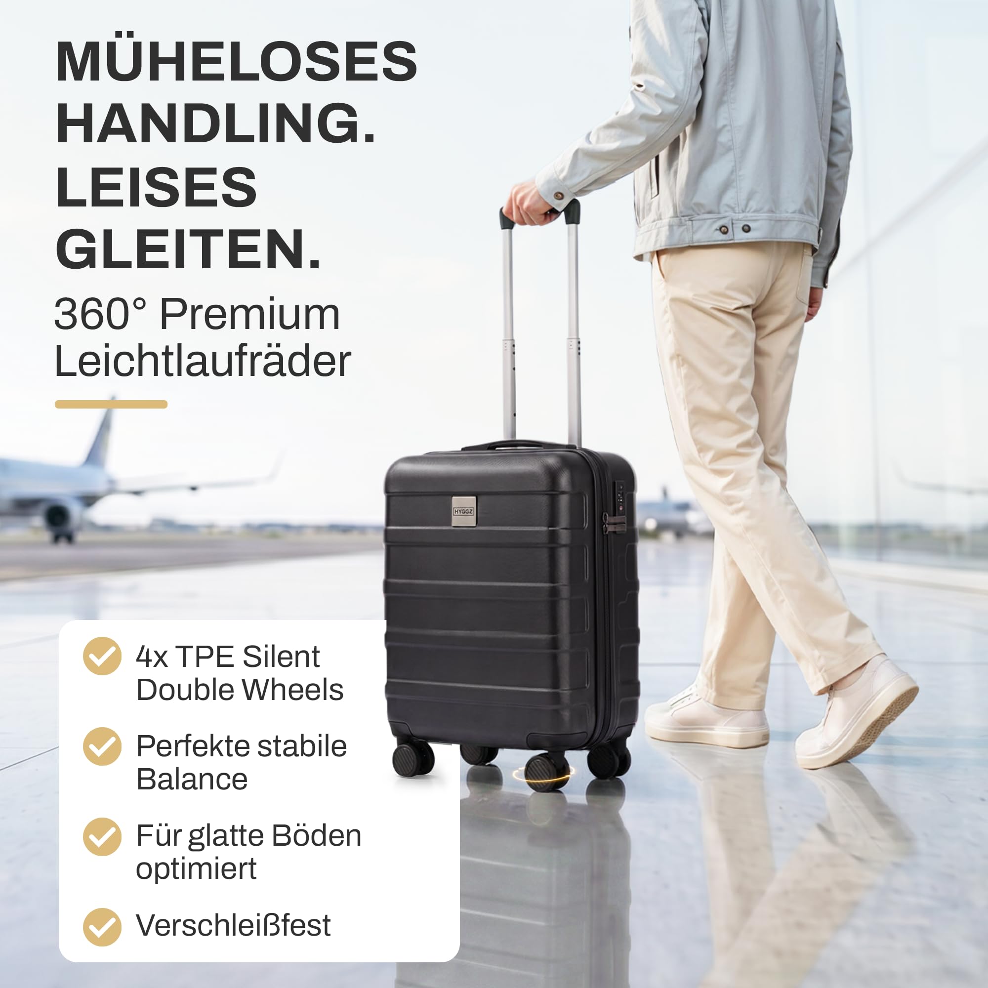 Trolley Handgepäck Koffer 55x40x20cm, Hartschalenkoffer klein mit TSA Schloss und sanften 360° Rollen, 36L Volumen, passend für Lufthansa, Ryanair und Eurowings, All Black (Schwarz)