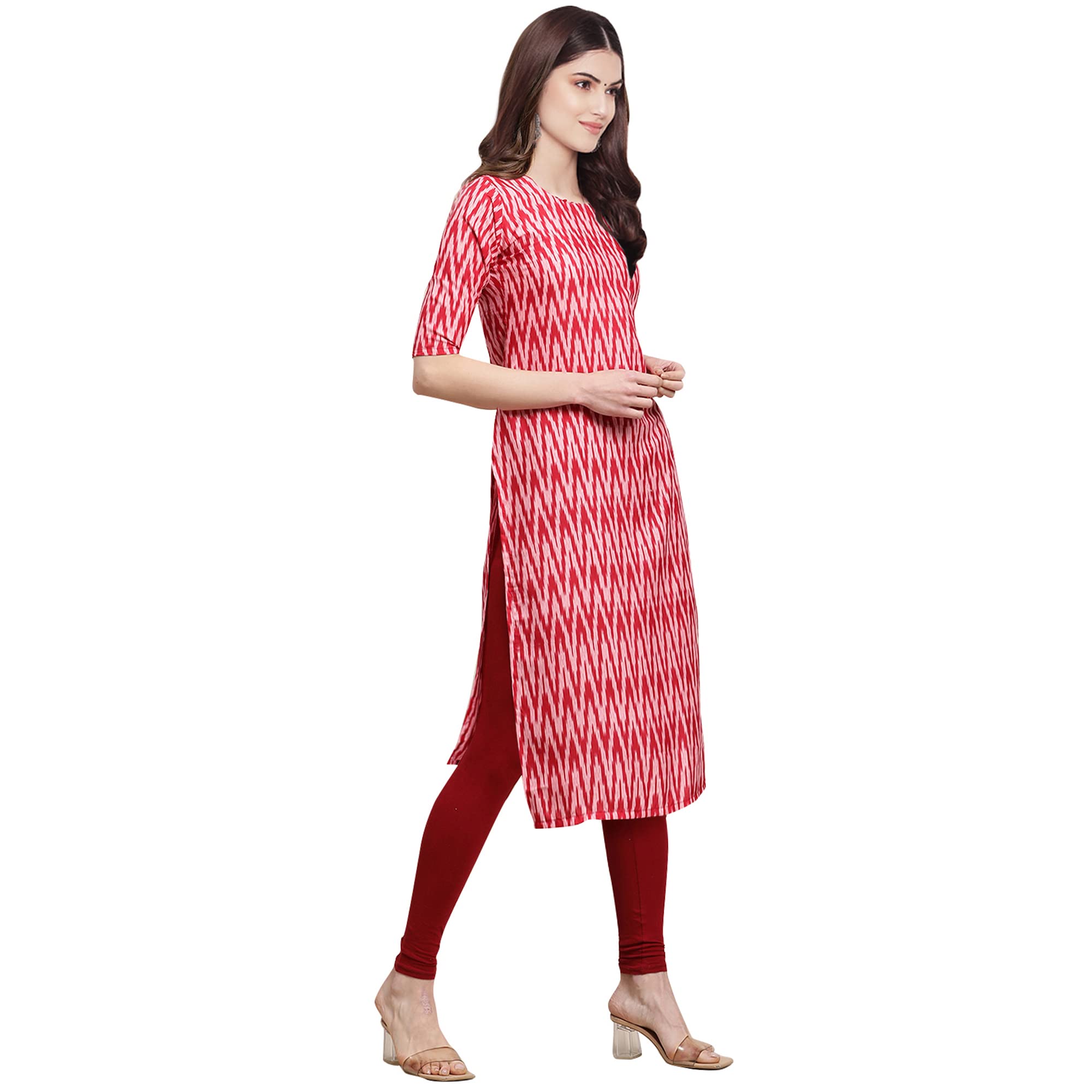 Pinkmint Women's Crepe Pink & Red Color Zig Zag Printed Straight Kurti (530328-M)