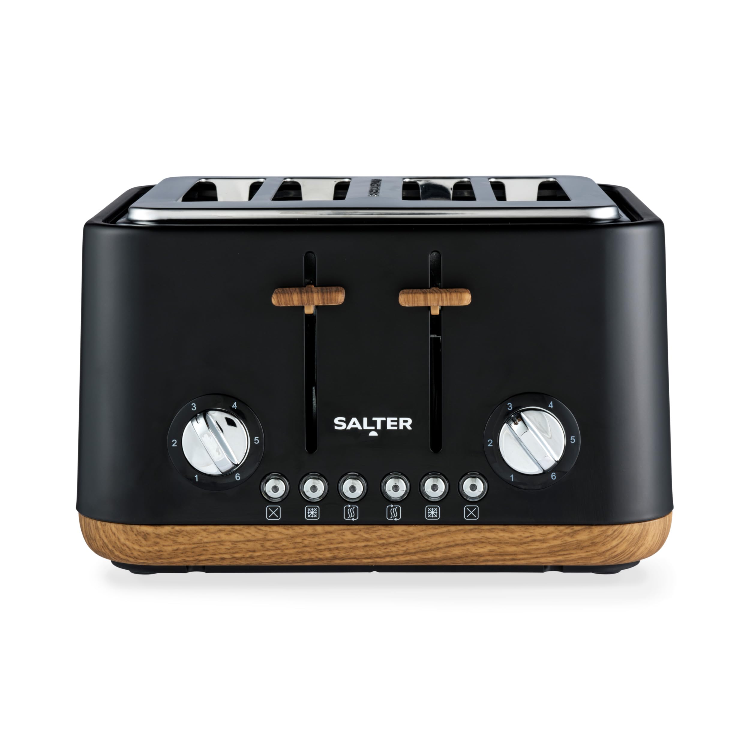 Salter EK5823BLK Toronto 4-Slice Toaster - Wide Slots, 6 Browning Levels, Removable Crumb Tray, Defrost, Reheat, Cancel, Self-Centring Function, High-Lift Eject, 1630 W, Wood Effect, Matt Black-image-46