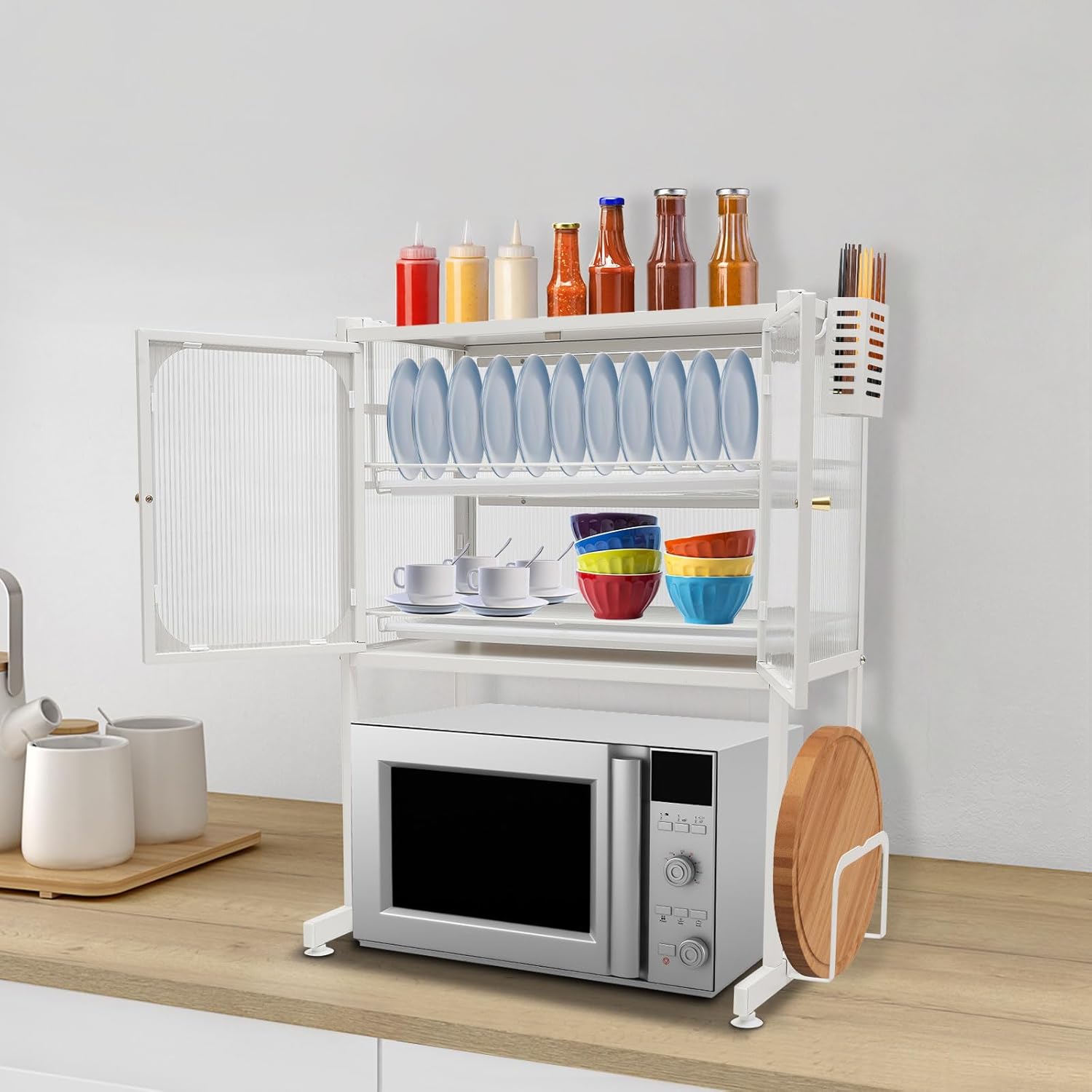 Microwave Oven Rack, Kitchen Dish Shelf Metal Microwave Counter Stand with Storage Cabinet Draining Tray Multifunctional Countertop Organizer for Utensils Tableware