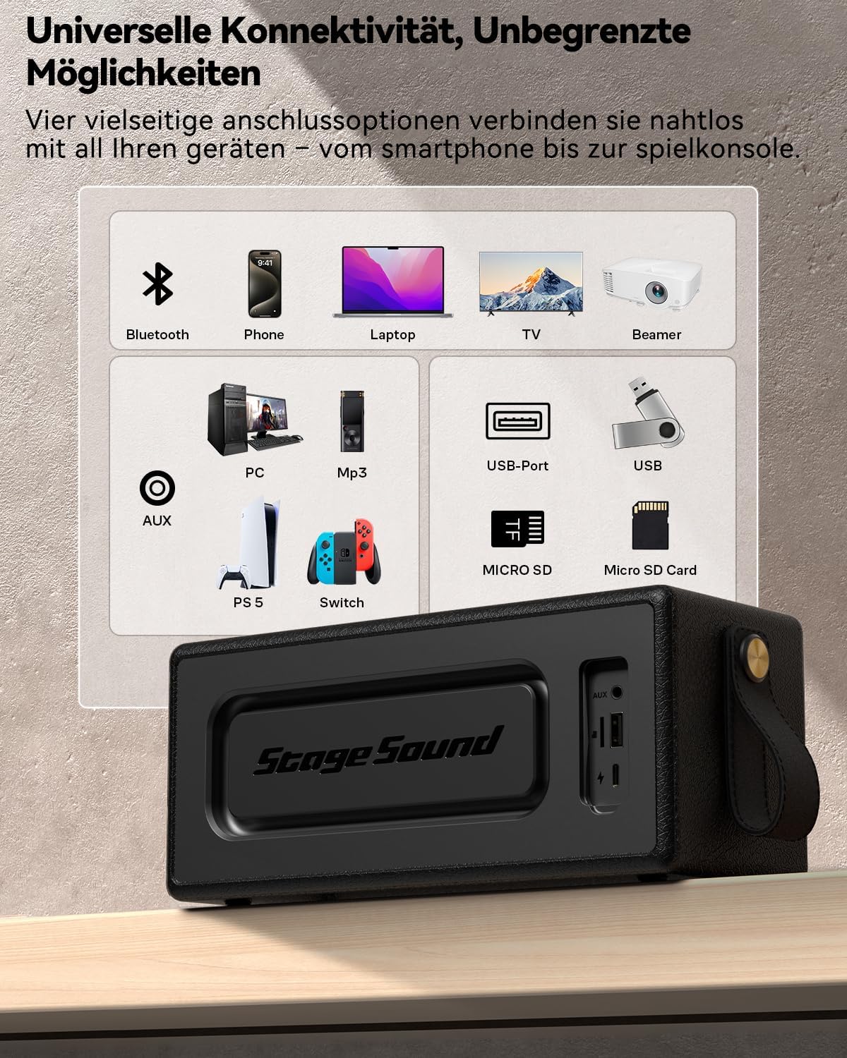 StageSound - Altoparlante Bluetooth, stile retrò, wireless, portatile, con Bass Boost, impermeabile IP67, luci LED, accoppiamento TWS, 12 ore di riproduzione, TF/AUX/USB, per feste, casa, all'aperto