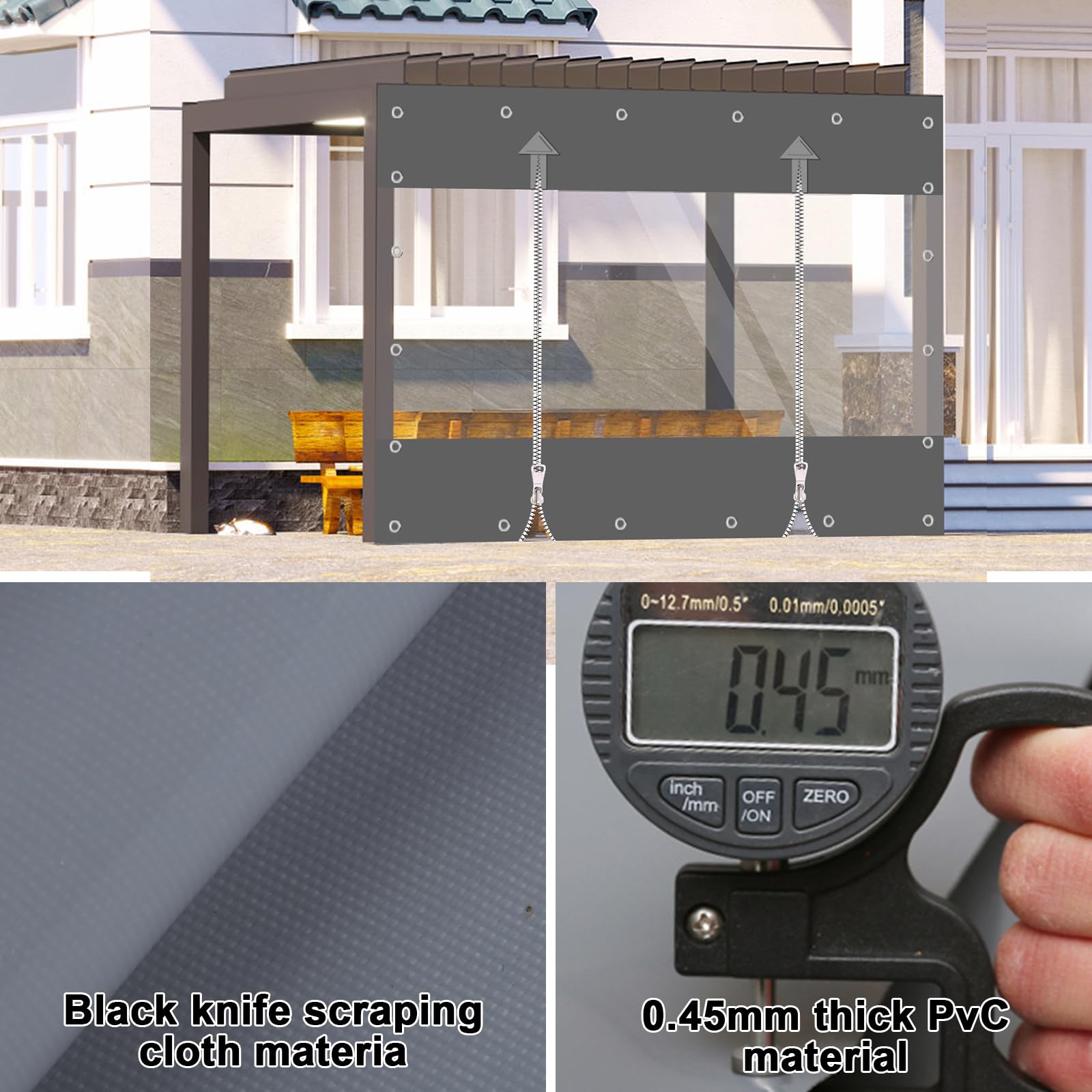 Transparente Plane, 650g/m² PVC Plane, Outdoor Vorhang mit Reißverschluss, Wasserdiche Abdeckplanne Windschutz und Regenschutz für für Pavillon, Balkone, Terrassen (Grau, Höhe 2.1m x Breite 3m)