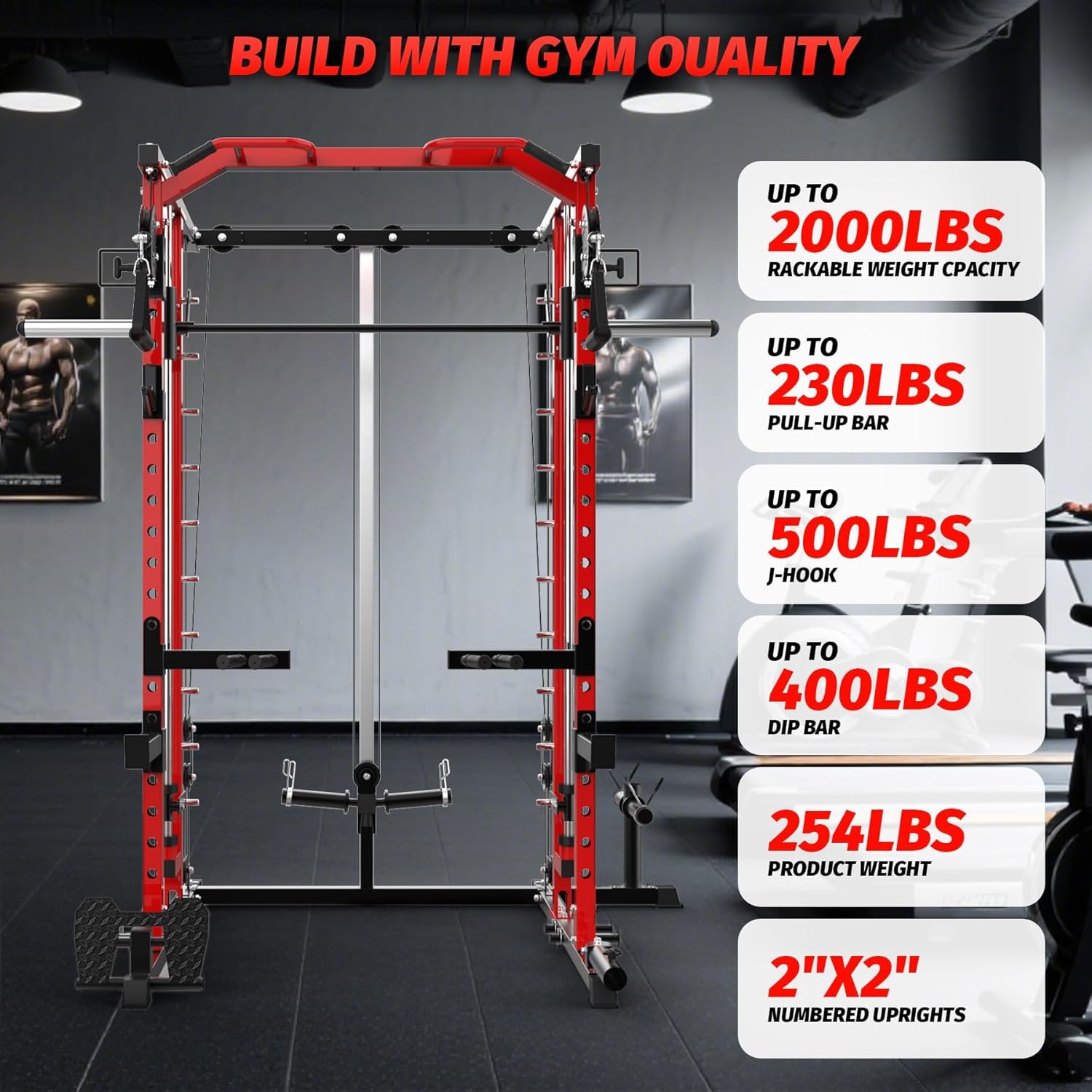 GAOMON Smith Machine Squat Rack, Heavy Duty Strength Training Power Cage with Pulley System, Dip Bar, LAT Pulldown, Multifunctional Workout Machine for Home Gym, Studio, Red