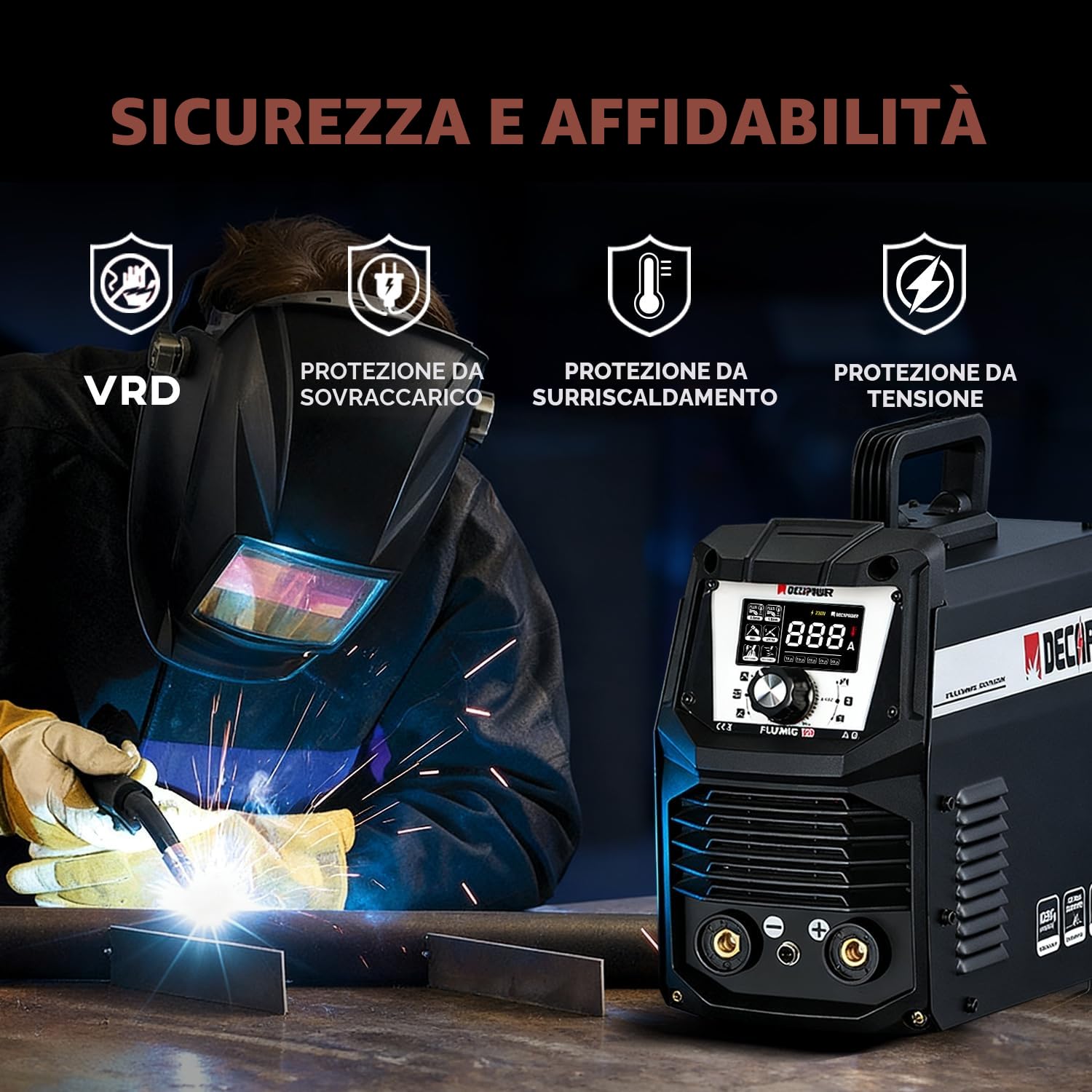 Decapower 220V Saldatrice 120A Arco Lift TIG FLUX MIG 3 in 1 senza gas FLUXMIG-120