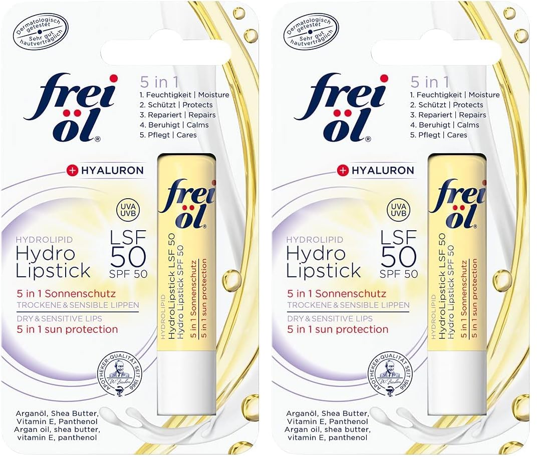 frei öl HydroLipstick LSF 50 – Lippenpflege mit Hyaluron & 5 in 1 Sonnenschutz, 4.5 g (Packung mit 2)