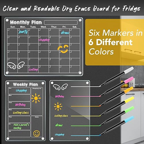 Miniatura 5 de DIYMAG Paquete de 3 calendarios magnéticos de acrílico de borrado en seco para refrigerador, juego de tablero de planificación de calendario