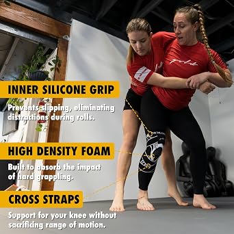 Gold BJJ Knee Brace for Jiu Jitsu - Compression Sleeve with Patella Support and Side Stabilizers (Large)