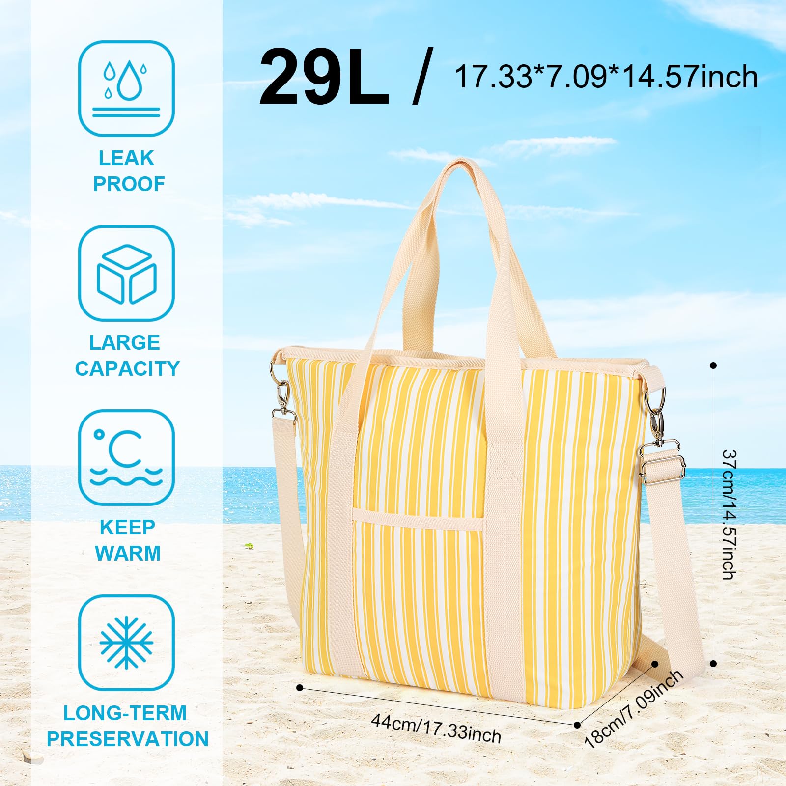 Nanxson 9L/15L/29L Grand Sac-Repas Isotherme pour Femmes Adultes Réutilisable Étanche Boîte à Lunch pour Pique-Nique Sac fourre-Tout Isotherme congelable (29L,B-Rayures Jaunes)
