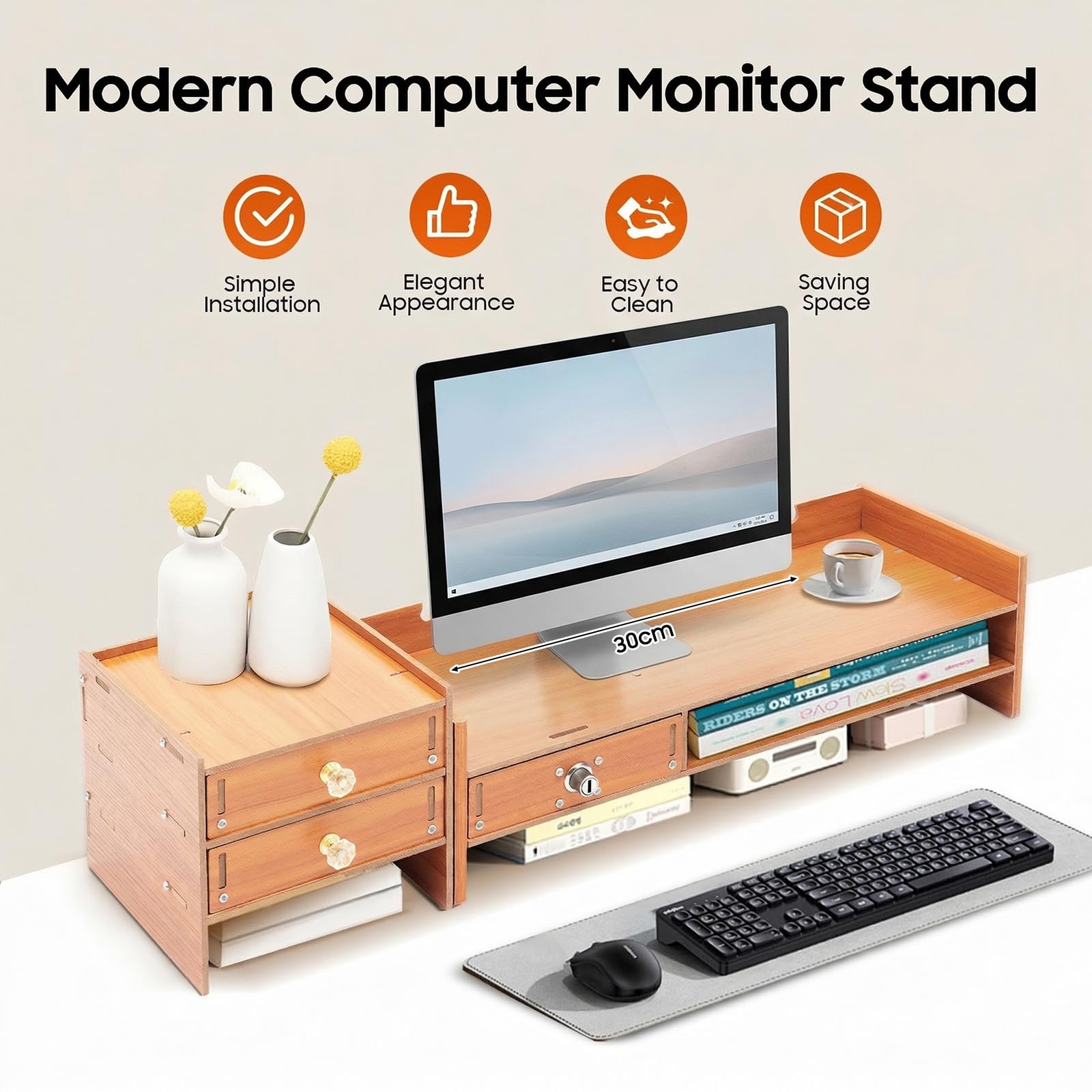 Supporto per monitor in legno, con 3 cassetti con serratura, altezza dello schermo, supporto da scrivania, angolo girevole di 180 gradi