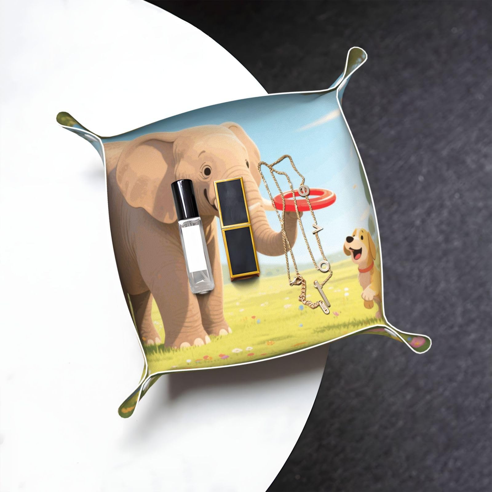 Elephant and Dog Valet Tray Organizer Pu Leather Travel Catchall Tray Organizer Portable Jewelry Tray Storage Keys Tray for Entryway Table Coins Watches Candy