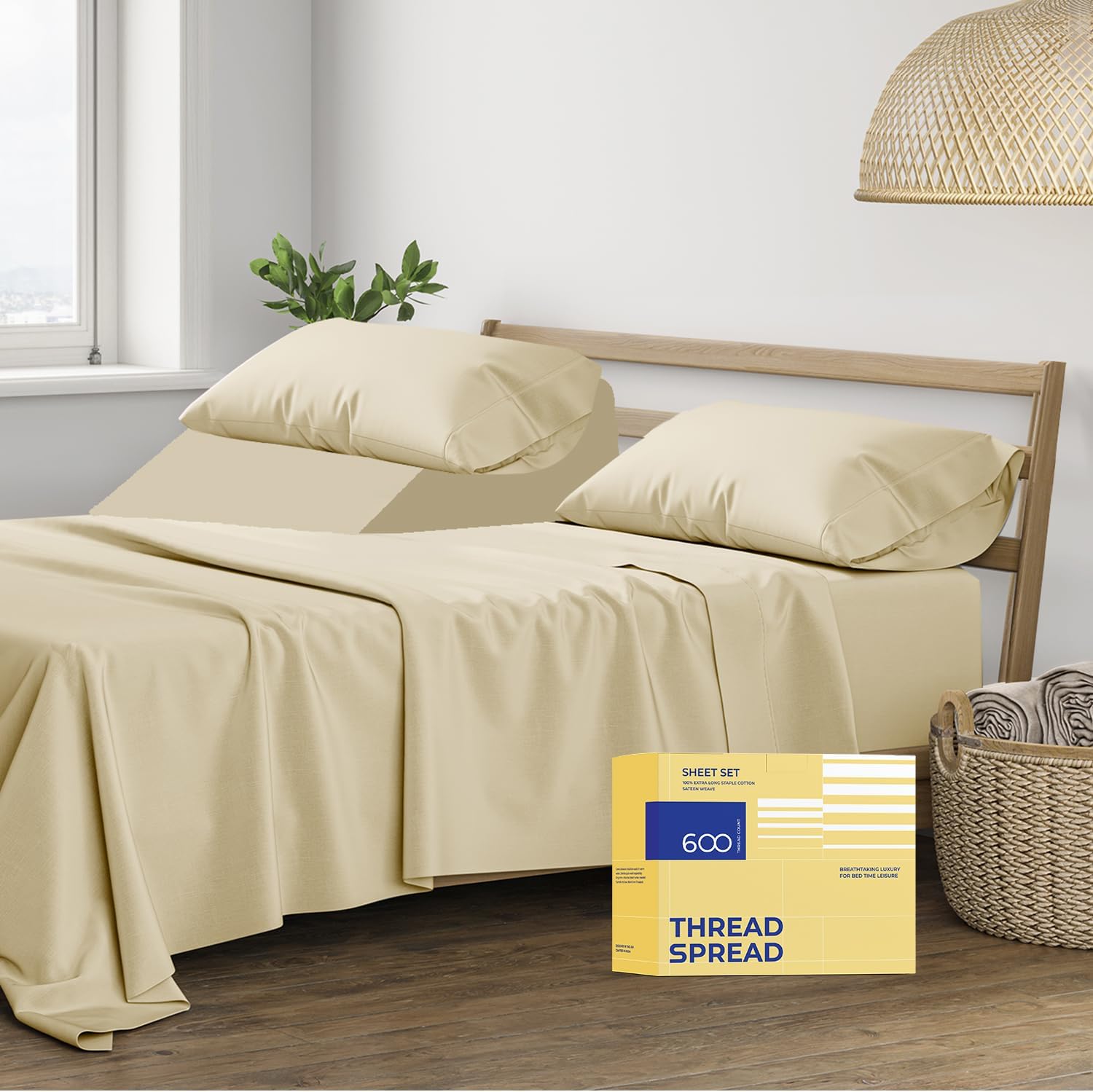 THREAD SPREAD 100% Egyptian Cotton Split King Sheets Sets for Adjustable Bed - 600 Thread Count 5 PC Top Split King Sheets, 16" Deep Pocket Soft Cooling Sheets for Split King Adjustable Bed - Sand Split King Sheet Set Sand