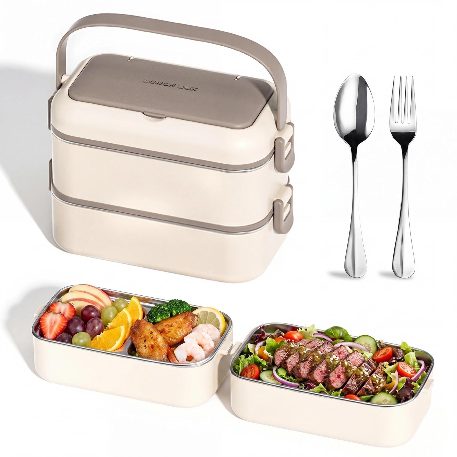 Porta Pranzo Lunch Box con Posate Portapranzo in Acciaio Inossidabile Schiscetta Pranzo Ermetico Bento Box Porta Pranzo per Picnic Scuola Uffici Adulto Bambini Portamerenda (Cachi)